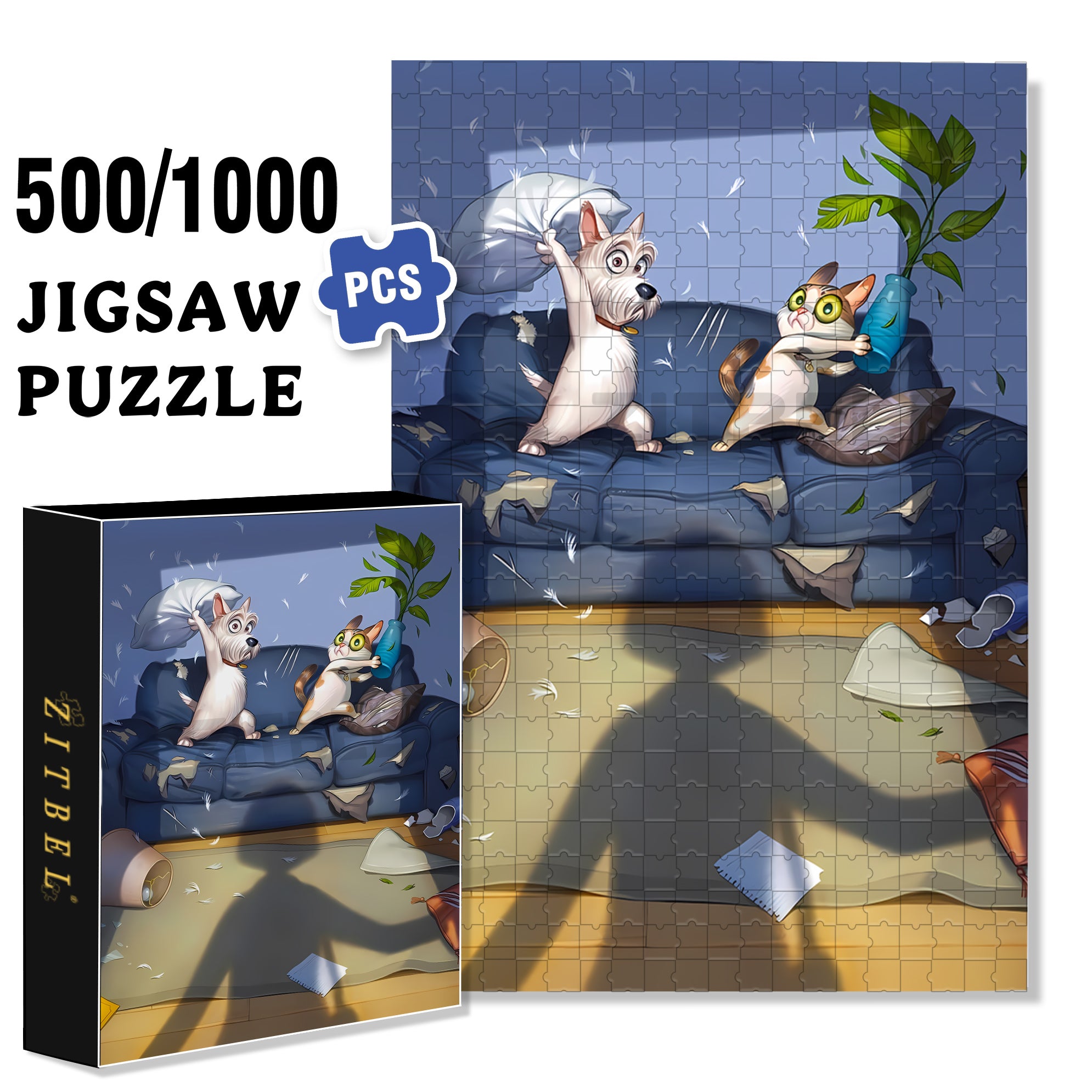 Pillow Fight 500pcs/1000pcs Jigsaw Puzzle, Scratch-Resistant, Interactive Family Game & Brain-Boosting DIY Decor, Perfect for Halloween, Christmas & New Year Gifts, Family Puzzle Game