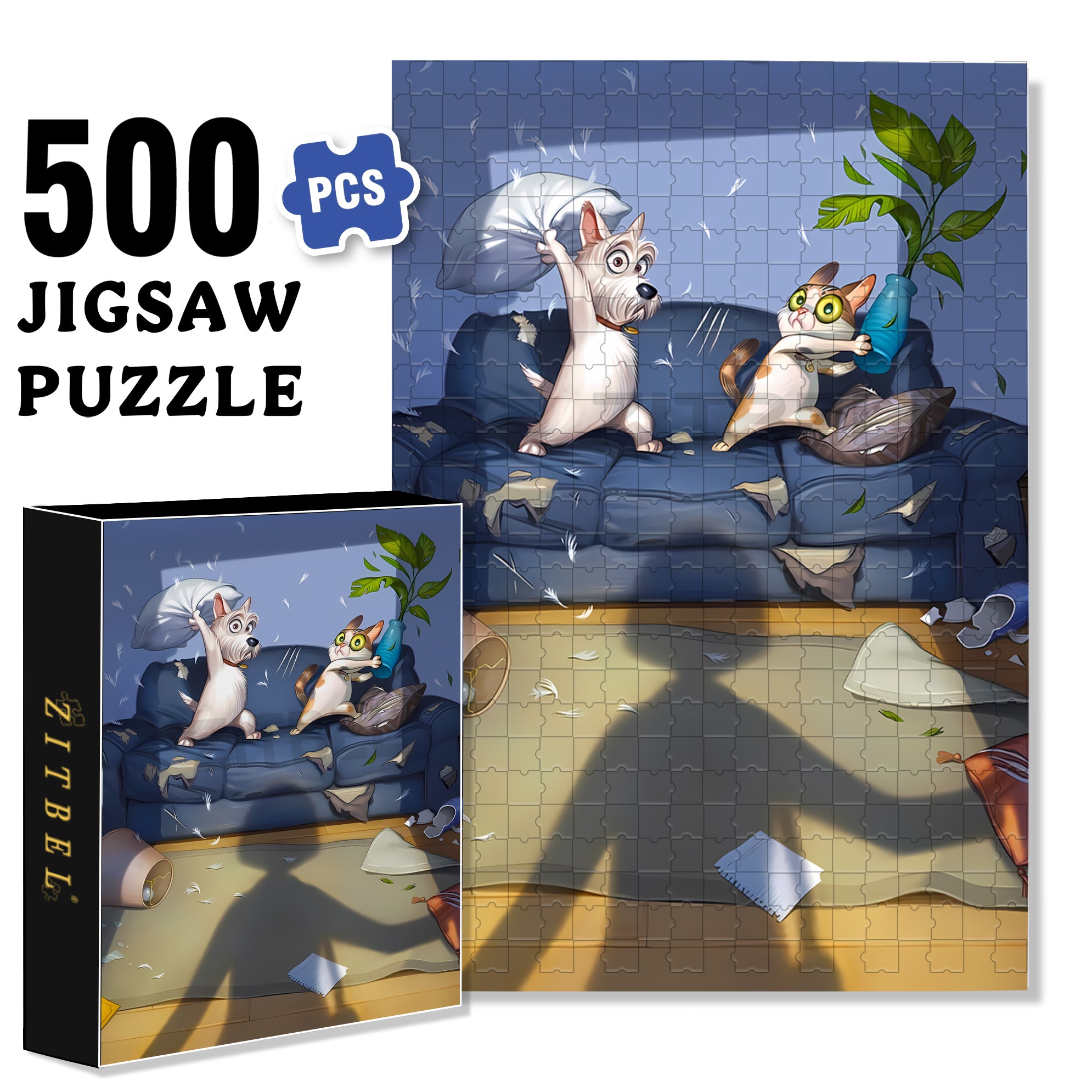 Pillow Fight 500pcs/1000pcs Jigsaw Puzzle, Scratch-Resistant, Interactive Family Game & Brain-Boosting DIY Decor, Perfect for Halloween, Christmas & New Year Gifts, Family Puzzle Game