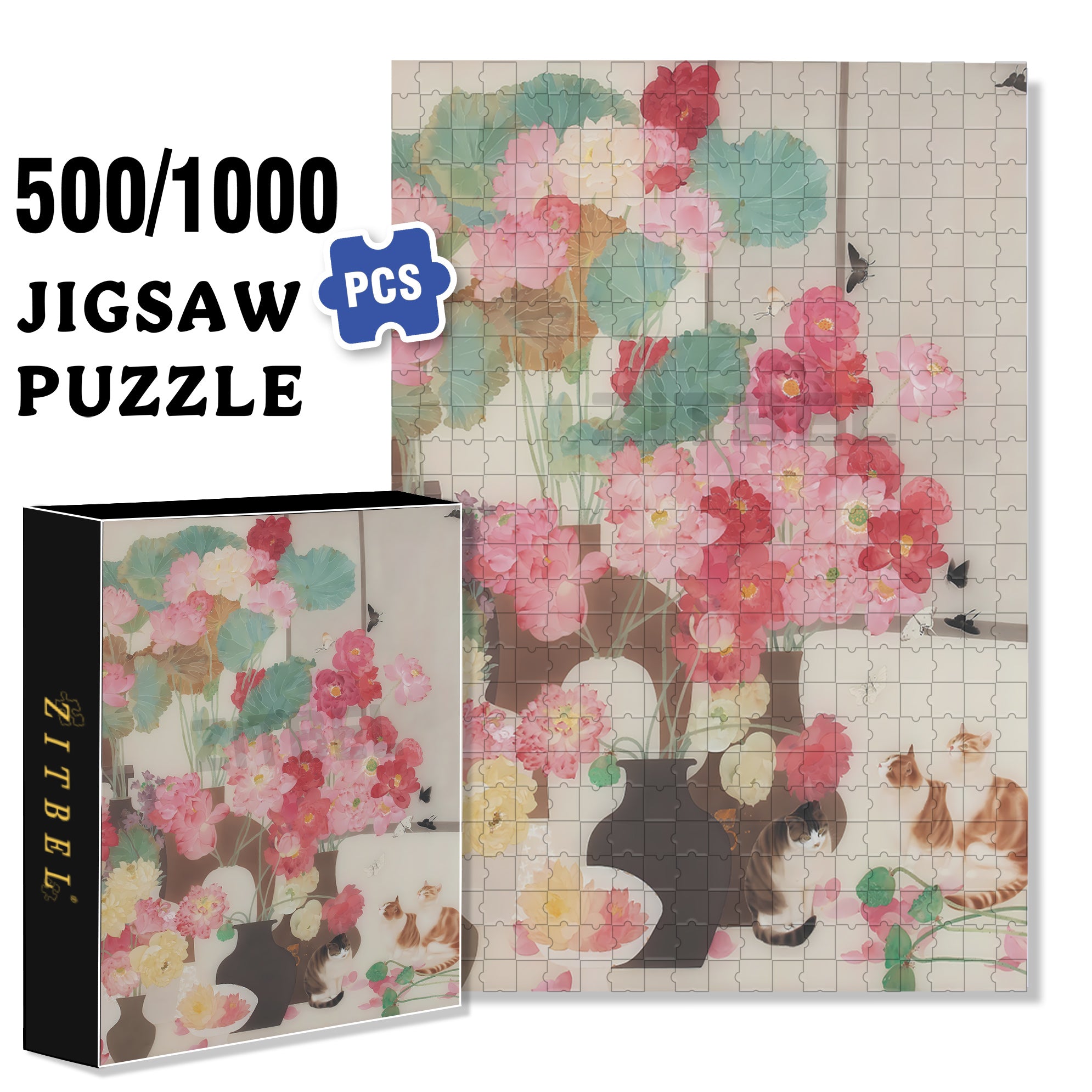 Blooming Lotus 500pcs/1000pcs Jigsaw Puzzle, Scratch-Resistant, Interactive Family Game & Brain-Boosting DIY Decor, Perfect for Halloween, Christmas & New Year Gifts, Family Puzzle Game