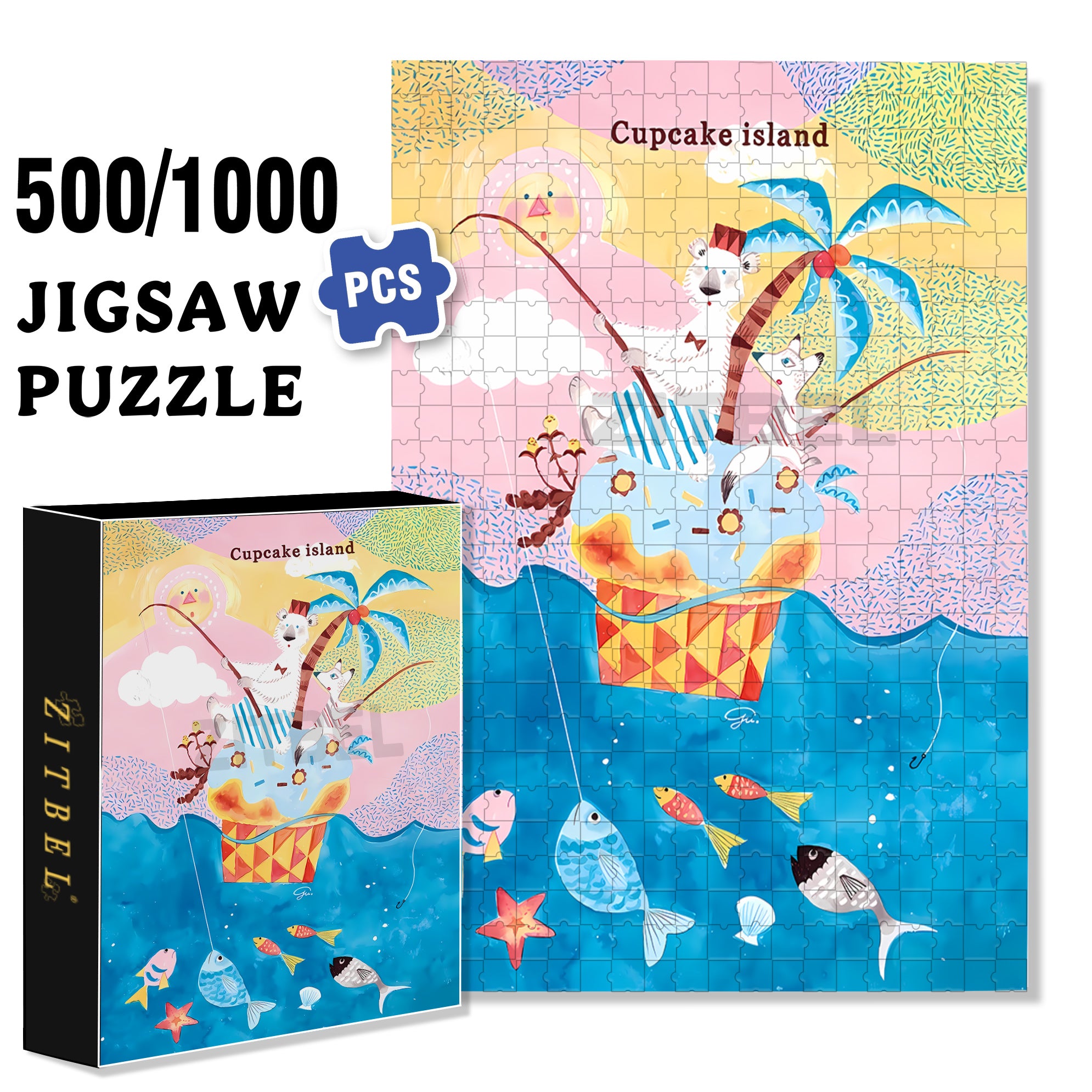 Cupcake Island 500pcs/1000pcs Jigsaw Puzzle, Scratch-Resistant, Interactive Family Game & Brain-Boosting DIY Decor, Perfect for Halloween, Christmas & New Year Gifts, Family Puzzle Game