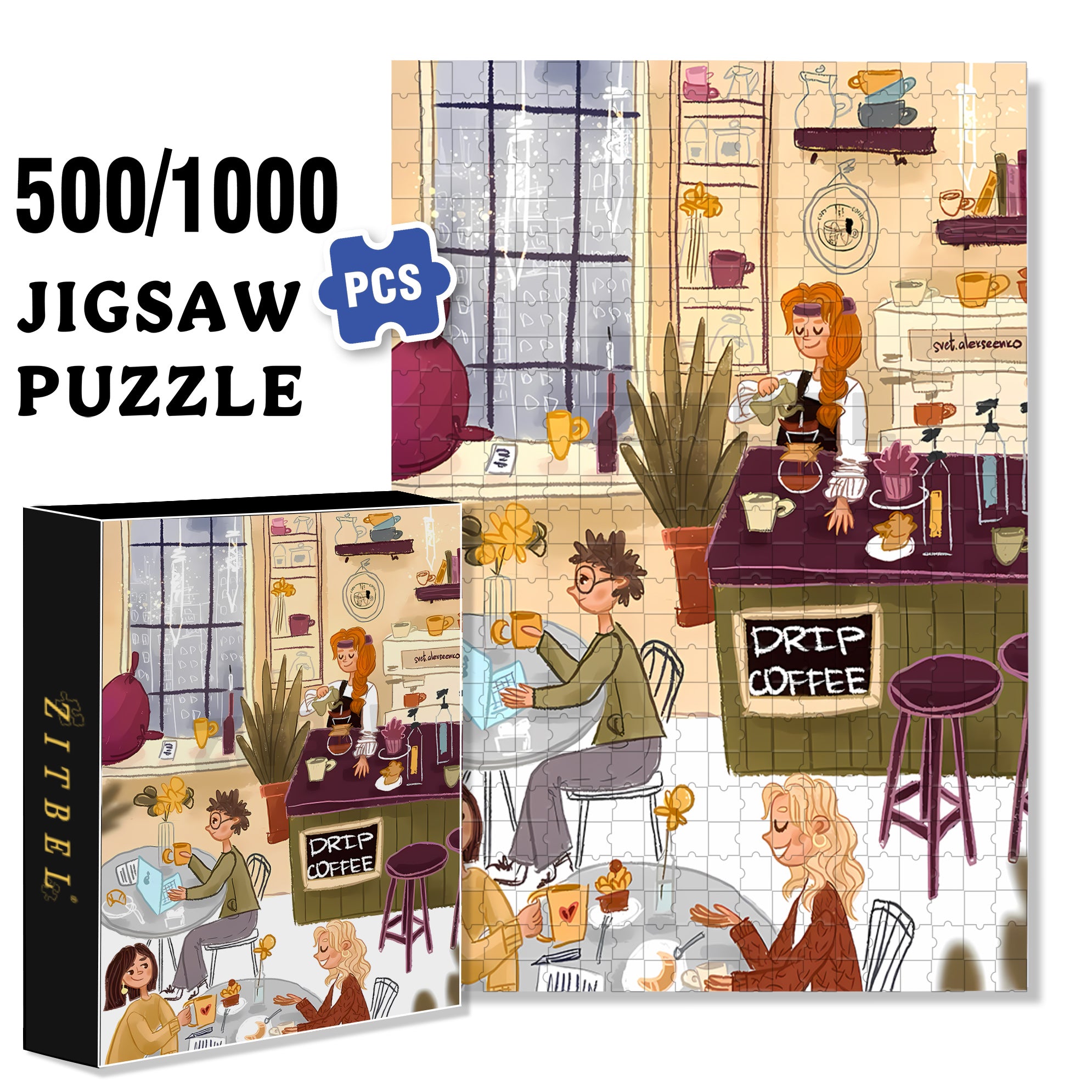 Drip Coffee 500pcs/1000pcs Jigsaw Puzzle, Scratch-Resistant, Interactive Family Game & Brain-Boosting DIY Decor, Perfect for Halloween, Christmas & New Year Gifts, Family Puzzle Game
