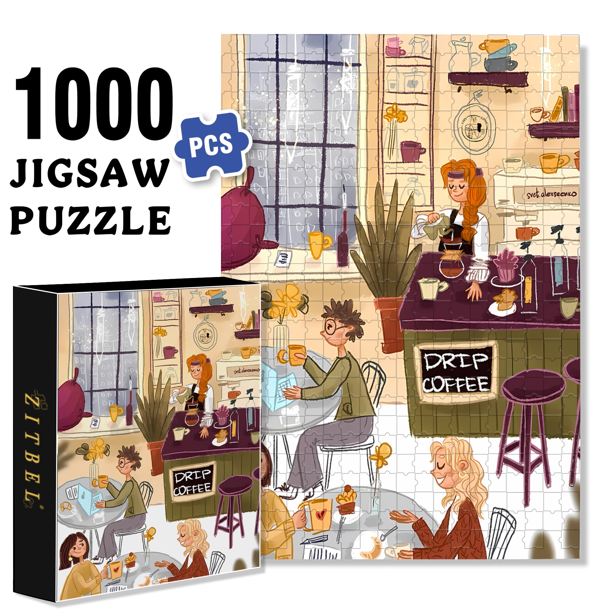 Drip Coffee 500pcs/1000pcs Jigsaw Puzzle, Scratch-Resistant, Interactive Family Game & Brain-Boosting DIY Decor, Perfect for Halloween, Christmas & New Year Gifts, Family Puzzle Game