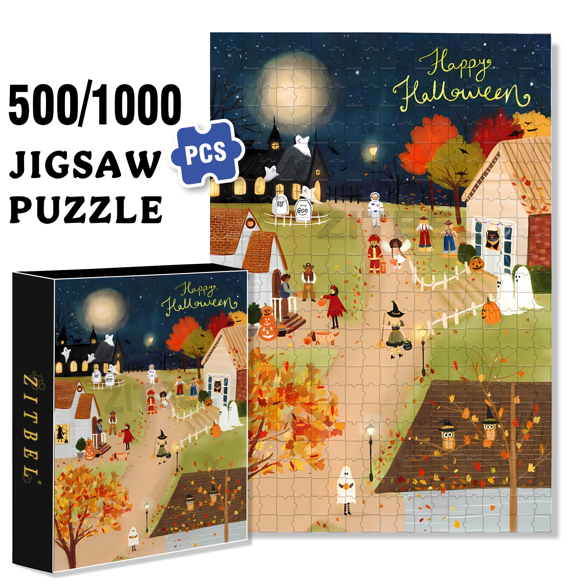 Halloween Night 500pcs/1000pcs Jigsaw Puzzle, Scratch-Resistant, Interactive Family Game & Brain-Boosting DIY Decor, Perfect for Halloween, Christmas & New Year Gifts, Family Puzzle Game