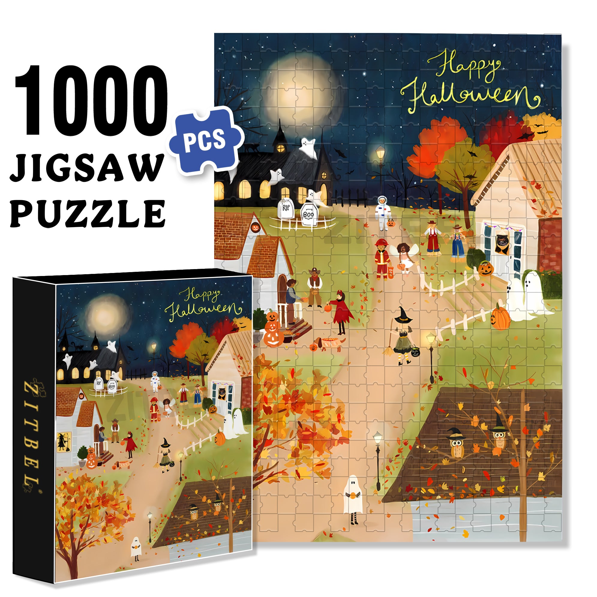 Halloween Night 500pcs/1000pcs Jigsaw Puzzle, Scratch-Resistant, Interactive Family Game & Brain-Boosting DIY Decor, Perfect for Halloween, Christmas & New Year Gifts, Family Puzzle Game