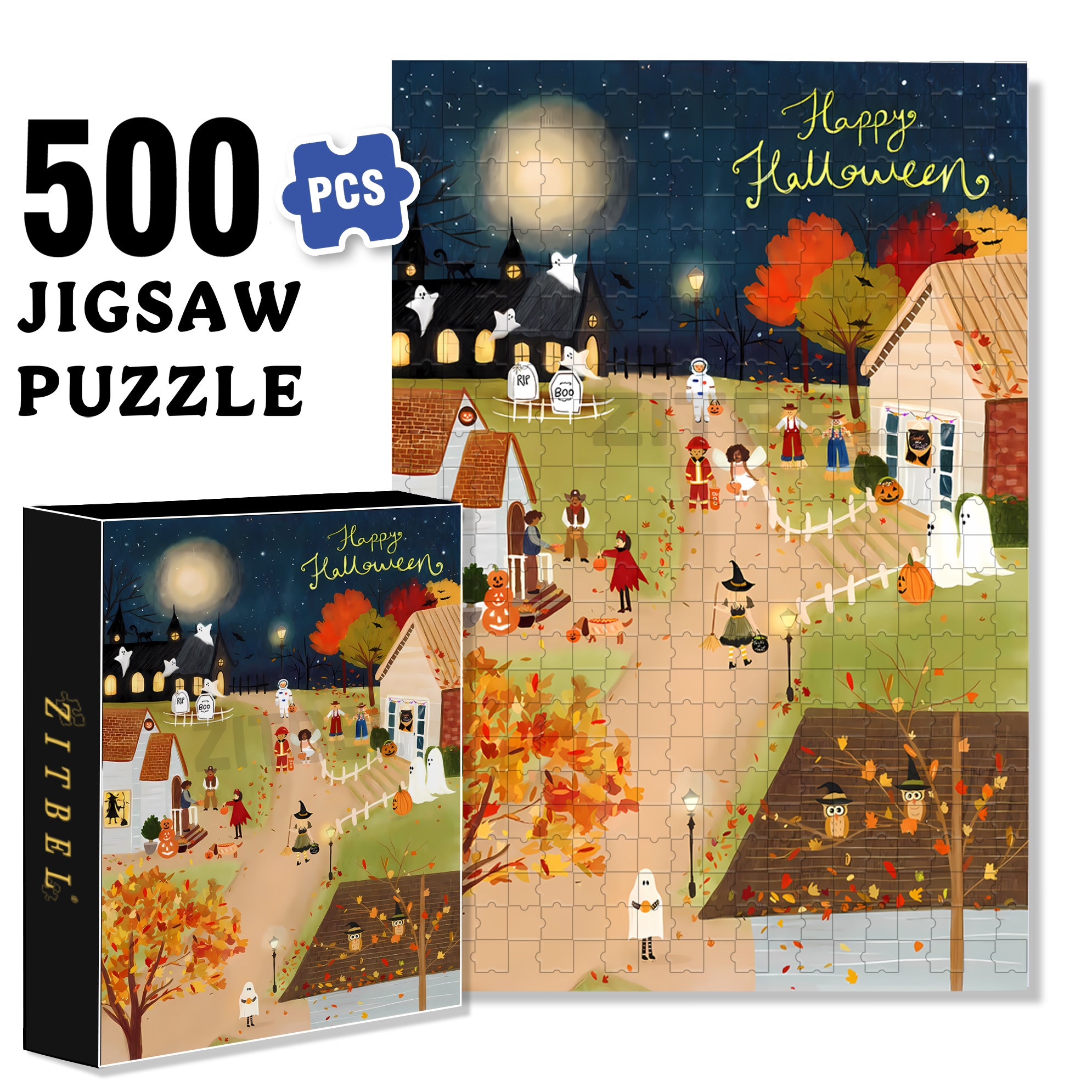 Halloween Night 500pcs/1000pcs Jigsaw Puzzle, Scratch-Resistant, Interactive Family Game & Brain-Boosting DIY Decor, Perfect for Halloween, Christmas & New Year Gifts, Family Puzzle Game