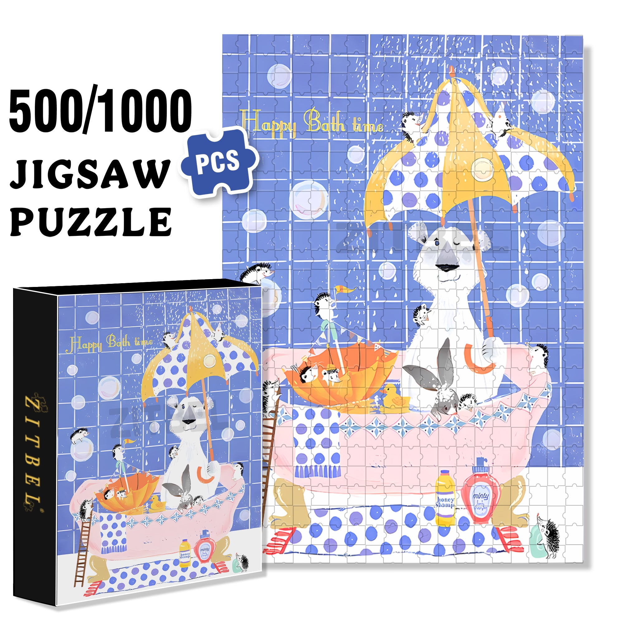 Happy Bath Time 500pcs/1000pcs Jigsaw Puzzle, Scratch-Resistant, Interactive Family Game & Brain-Boosting DIY Decor, Perfect for Halloween, Christmas & New Year Gifts, Family Puzzle Game