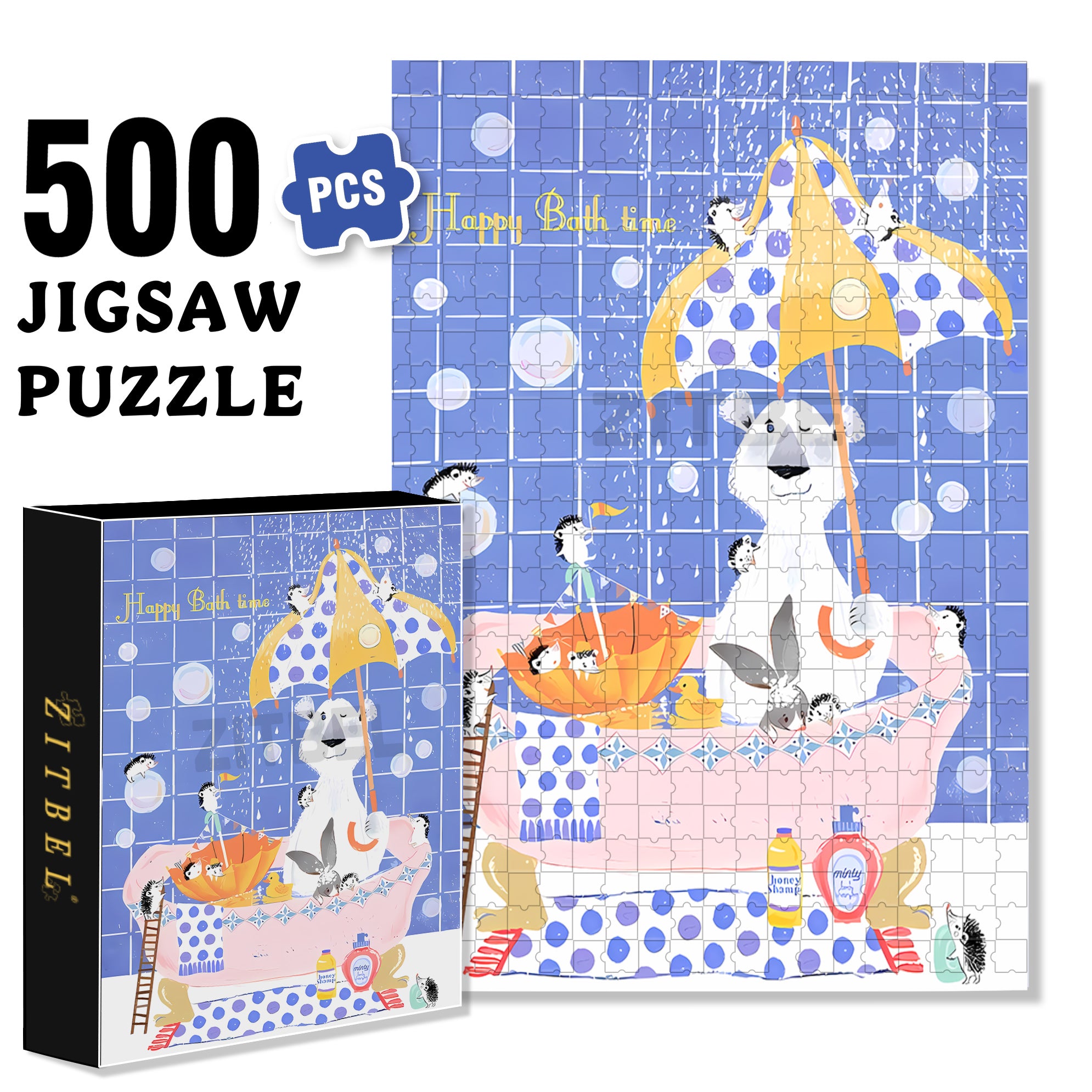 Happy Bath Time 500pcs/1000pcs Jigsaw Puzzle, Scratch-Resistant, Interactive Family Game & Brain-Boosting DIY Decor, Perfect for Halloween, Christmas & New Year Gifts, Family Puzzle Game