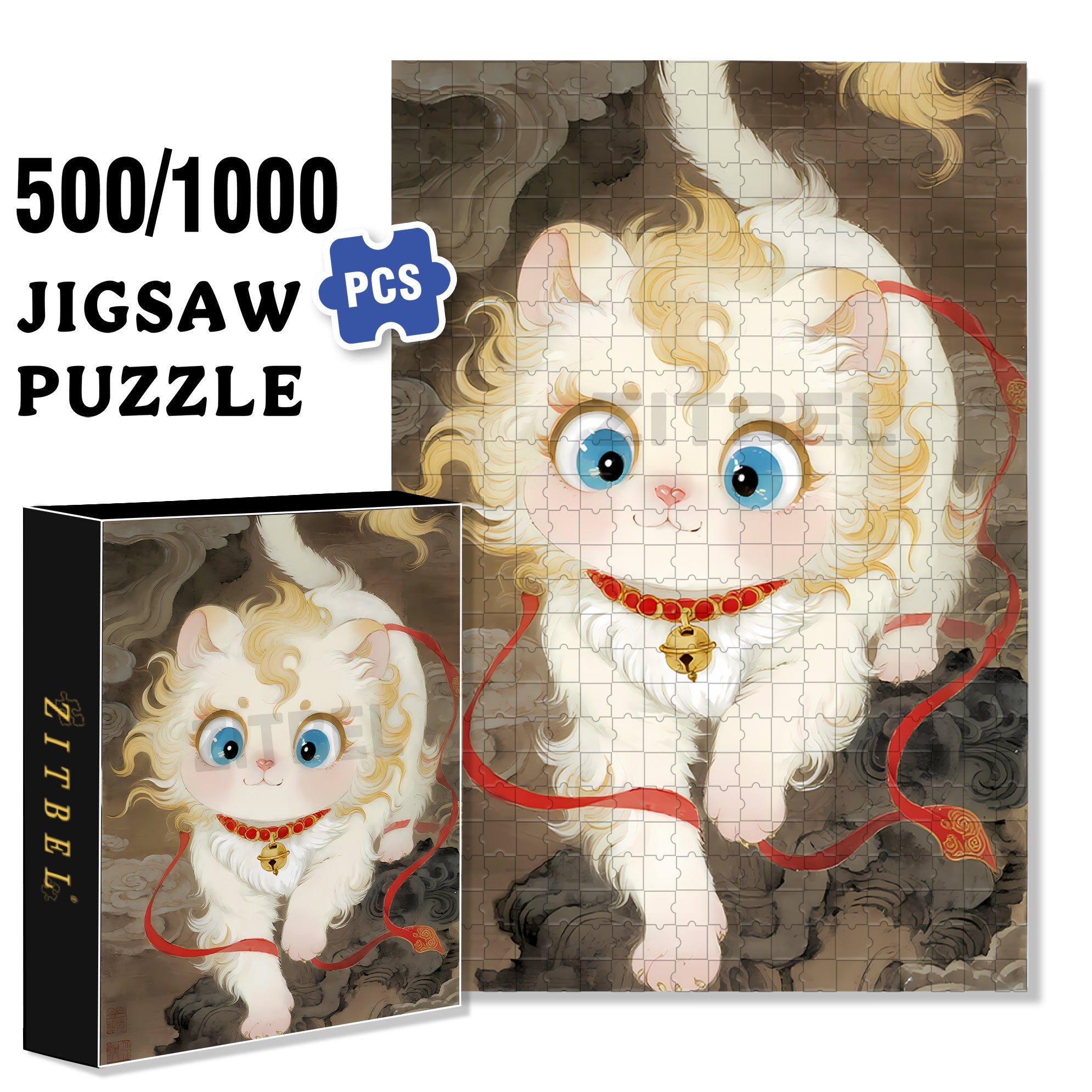 Lucky Cat 500pcs/1000pcs Jigsaw Puzzle, Scratch-Resistant, Interactive Family Game & Brain-Boosting DIY Decor, Perfect for Halloween, Christmas & New Year Gifts, Family Puzzle Game