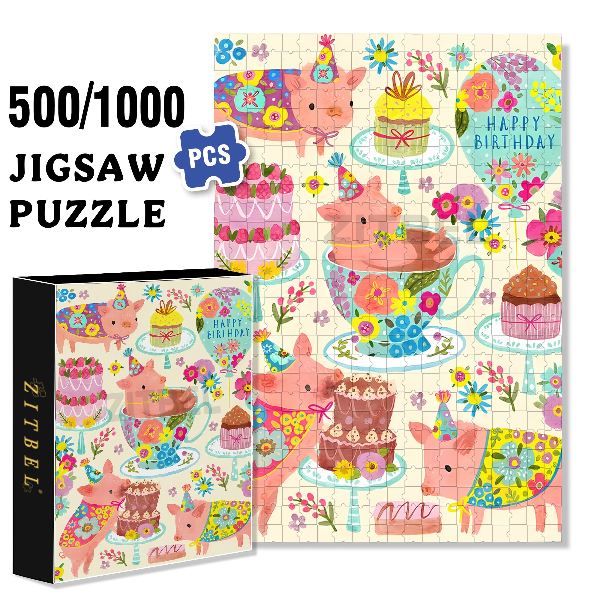 Pig's Birthday Party 500pcs/1000pcs Jigsaw Puzzle, Scratch-Resistant, Interactive Family Game & Brain-Boosting DIY Decor, Perfect for Halloween, Christmas & New Year Gifts, Family Puzzle Game