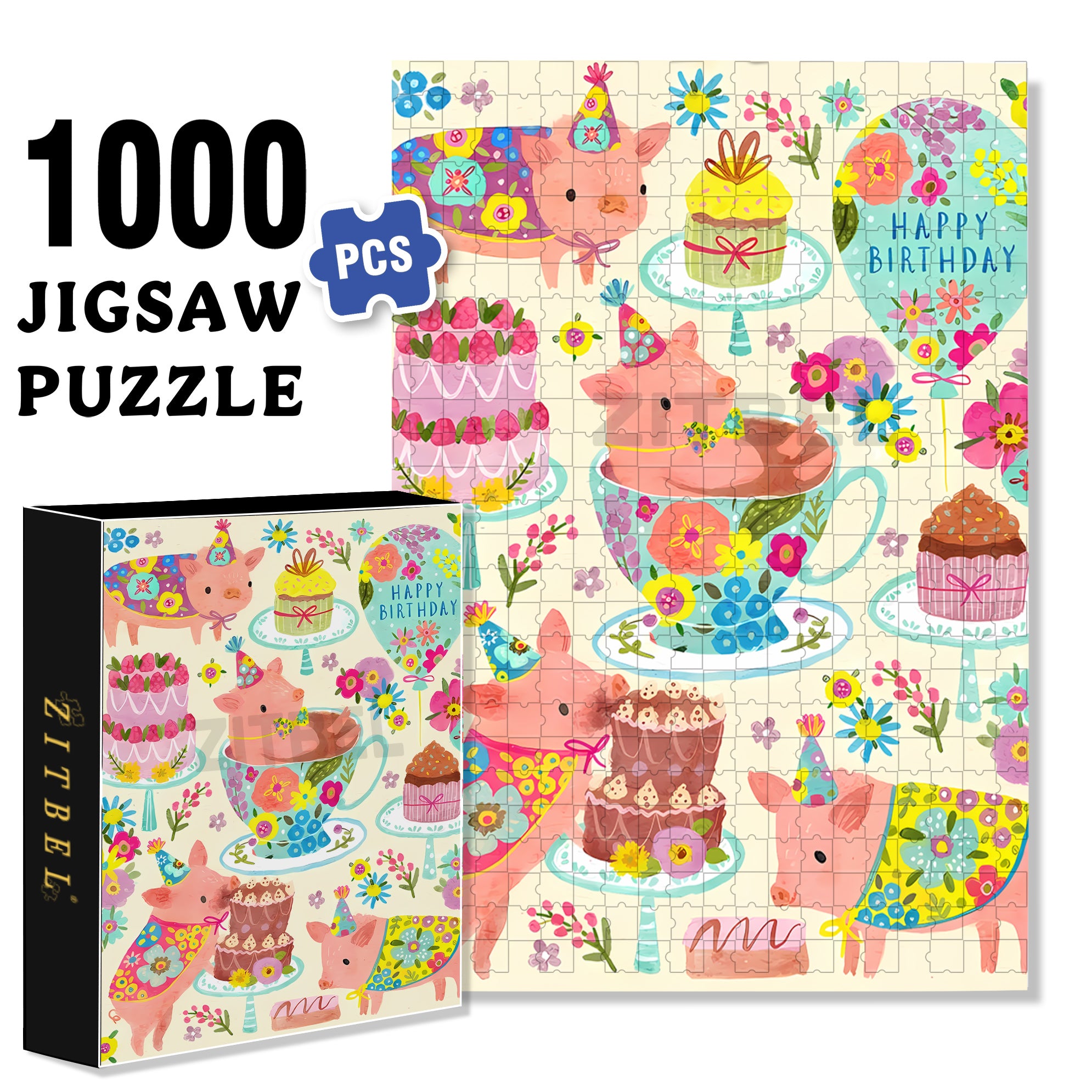 Pig's Birthday Party 500pcs/1000pcs Jigsaw Puzzle, Scratch-Resistant, Interactive Family Game & Brain-Boosting DIY Decor, Perfect for Halloween, Christmas & New Year Gifts, Family Puzzle Game