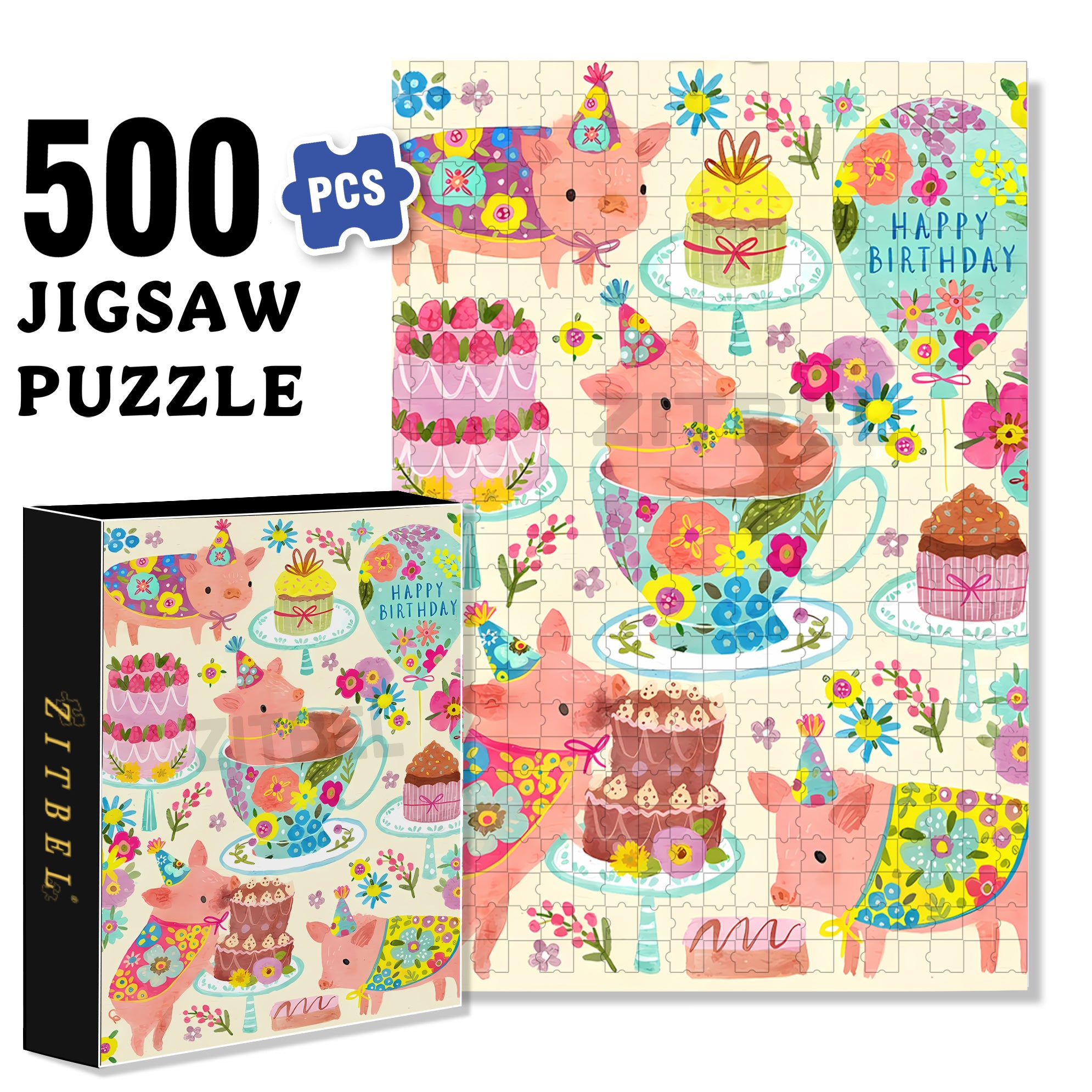 Pig's Birthday Party 500pcs/1000pcs Jigsaw Puzzle, Scratch-Resistant, Interactive Family Game & Brain-Boosting DIY Decor, Perfect for Halloween, Christmas & New Year Gifts, Family Puzzle Game