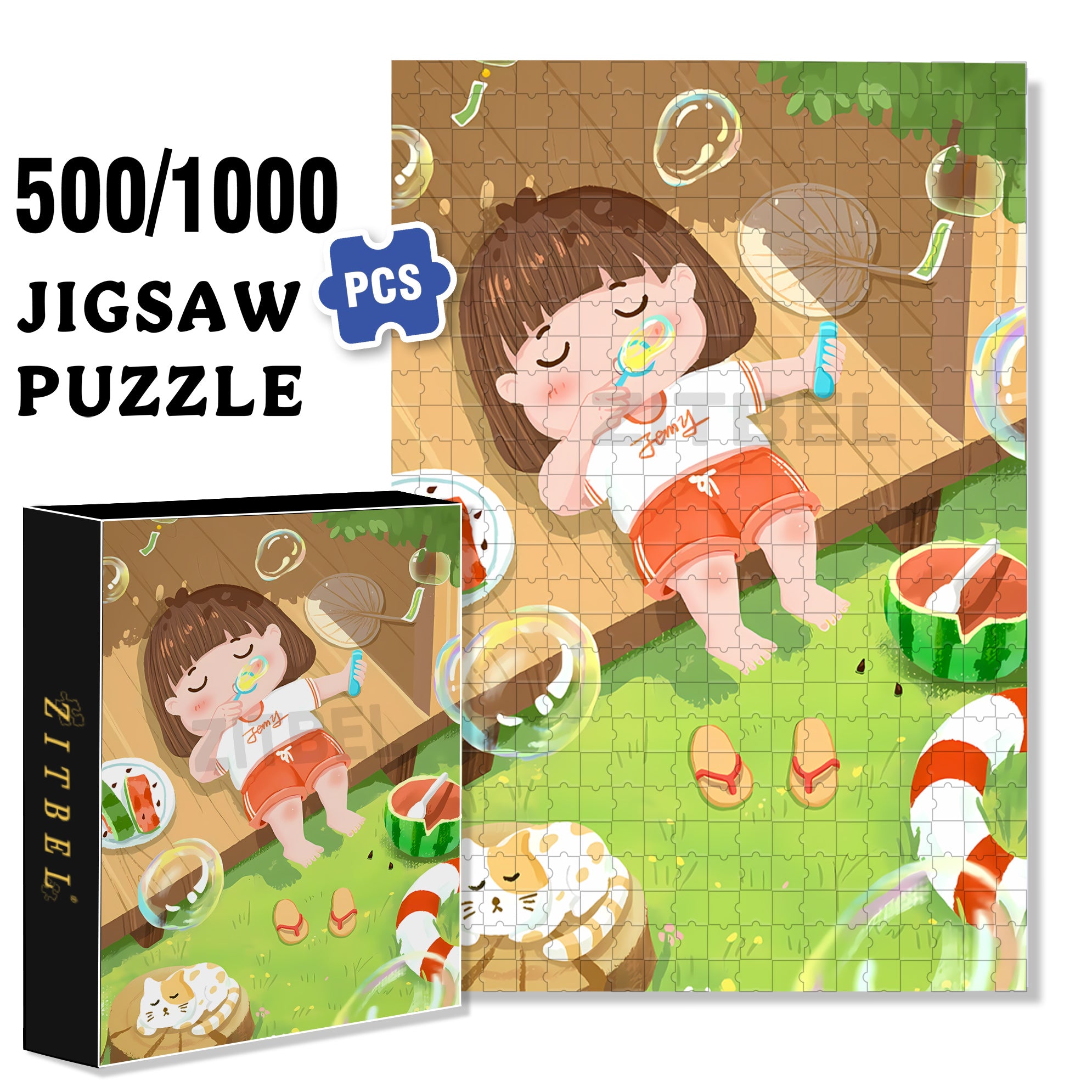 Summer Bubbles 500pcs/1000pcs Jigsaw Puzzle, Scratch-Resistant, Interactive Family Game & Brain-Boosting DIY Decor, Perfect for Halloween, Christmas & New Year Gifts, Family Puzzle Game