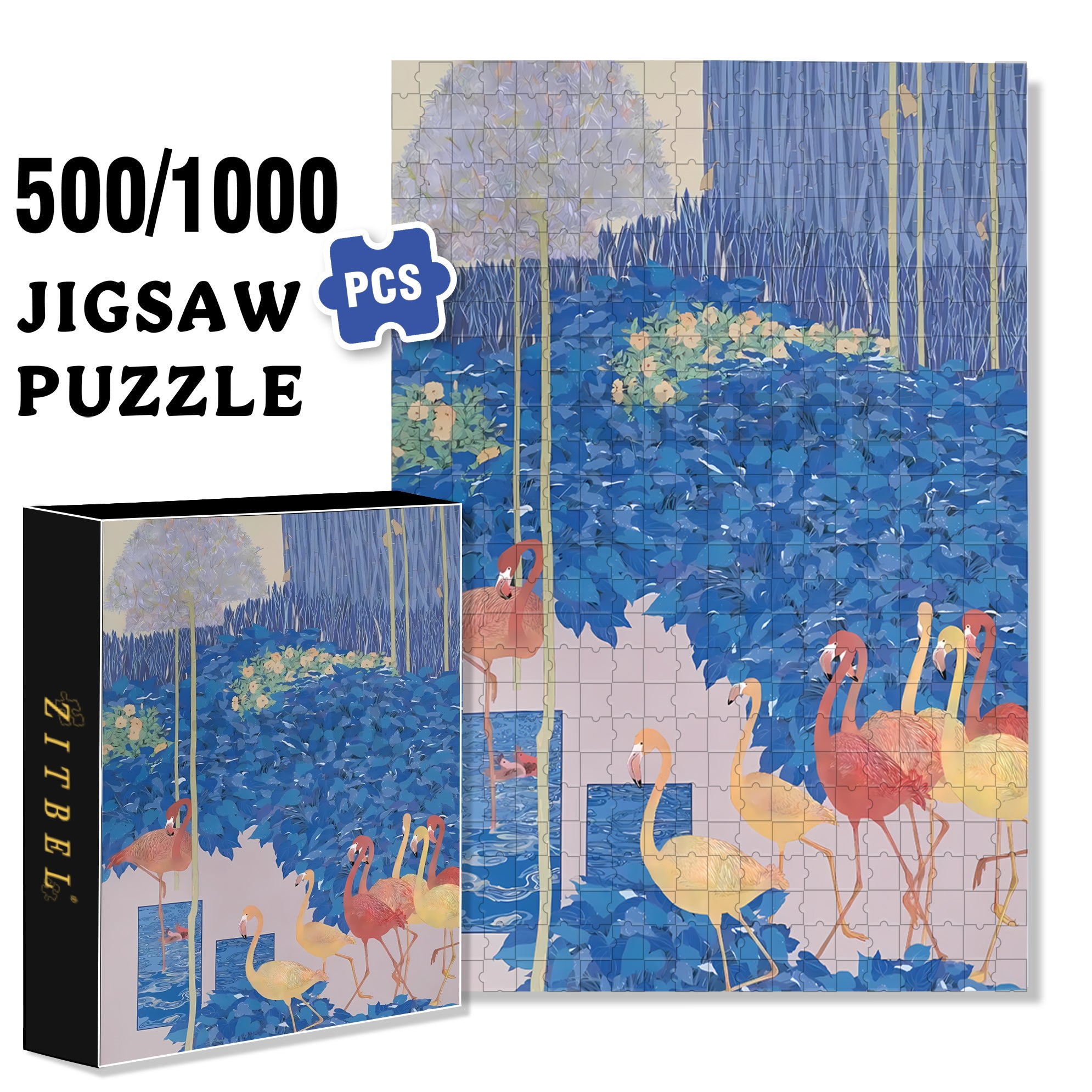 Blue And Flamingo 500pcs/1000pcs Jigsaw Puzzle, Scratch-Resistant, Interactive Family Game & Brain-Boosting DIY Decor, Perfect for Halloween, Christmas & New Year Gifts, Family Puzzle Game