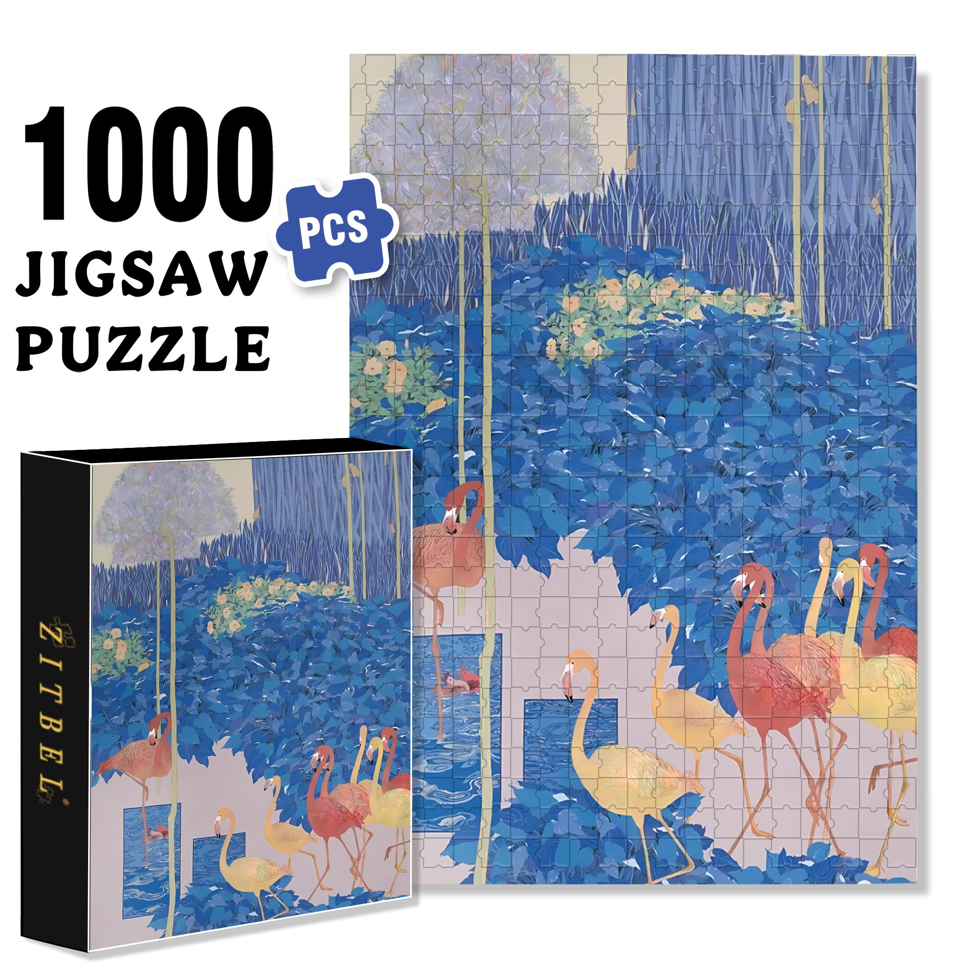 Blue And Flamingo 500pcs/1000pcs Jigsaw Puzzle, Scratch-Resistant, Interactive Family Game & Brain-Boosting DIY Decor, Perfect for Halloween, Christmas & New Year Gifts, Family Puzzle Game