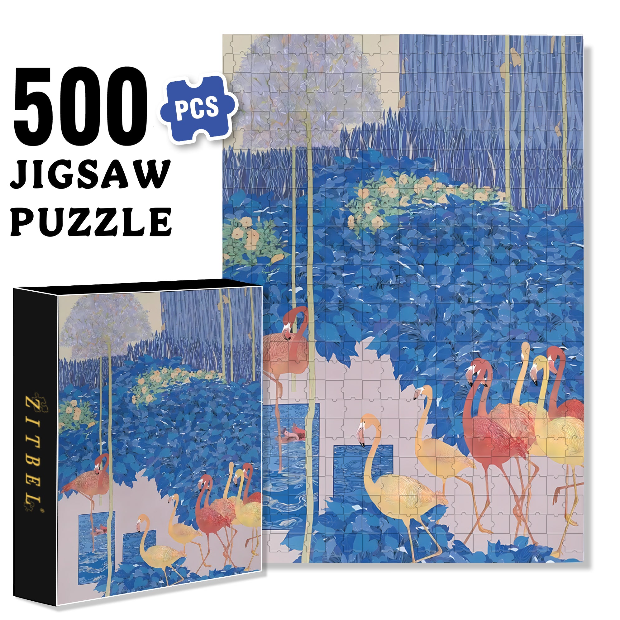 Blue And Flamingo 500pcs/1000pcs Jigsaw Puzzle, Scratch-Resistant, Interactive Family Game & Brain-Boosting DIY Decor, Perfect for Halloween, Christmas & New Year Gifts, Family Puzzle Game