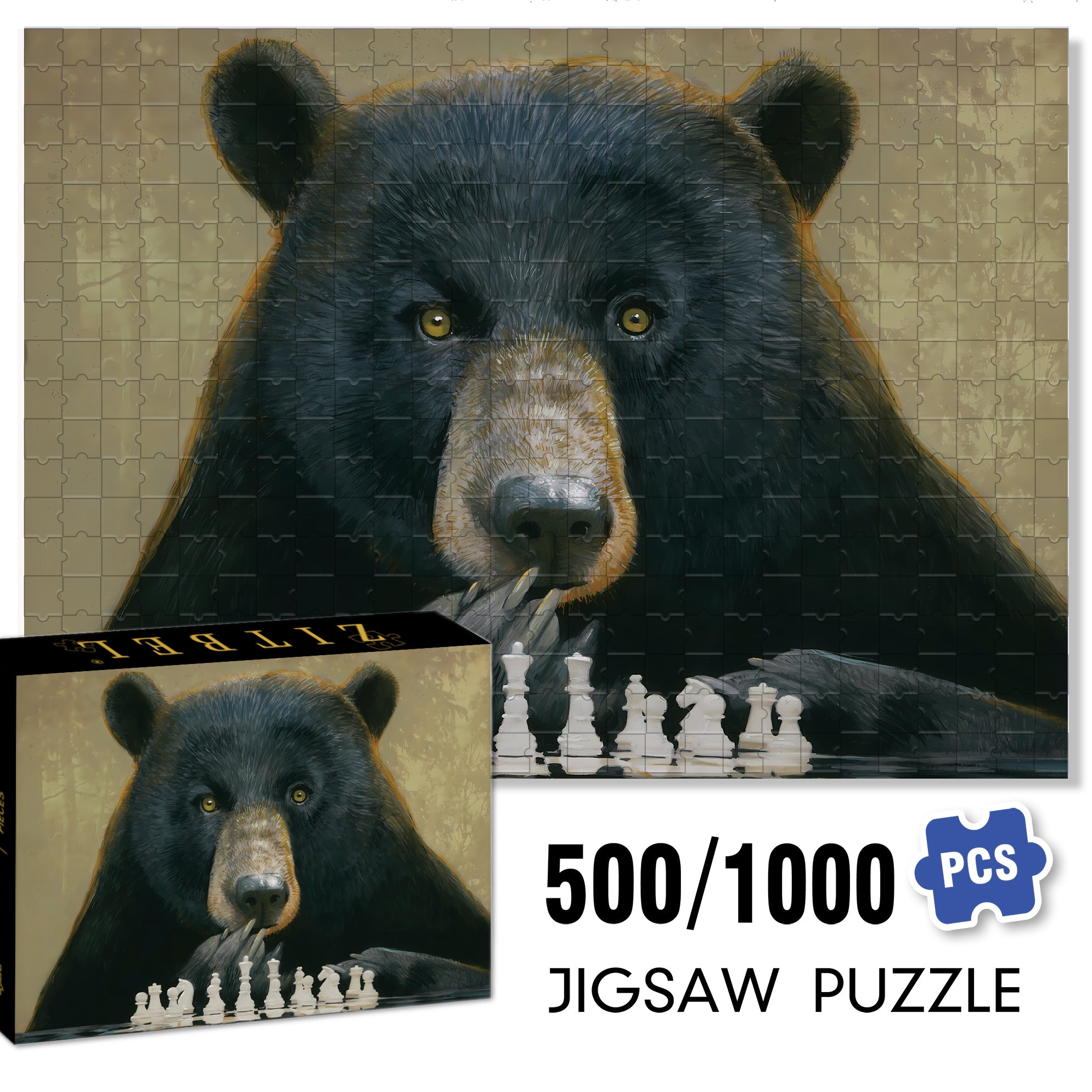 Chess Bear 500pcs/1000pcs Jigsaw Puzzle, Scratch-Resistant, Interactive Family Game & Brain-Boosting DIY Decor, Perfect for Halloween, Christmas & New Year Gifts, Family Puzzle Game