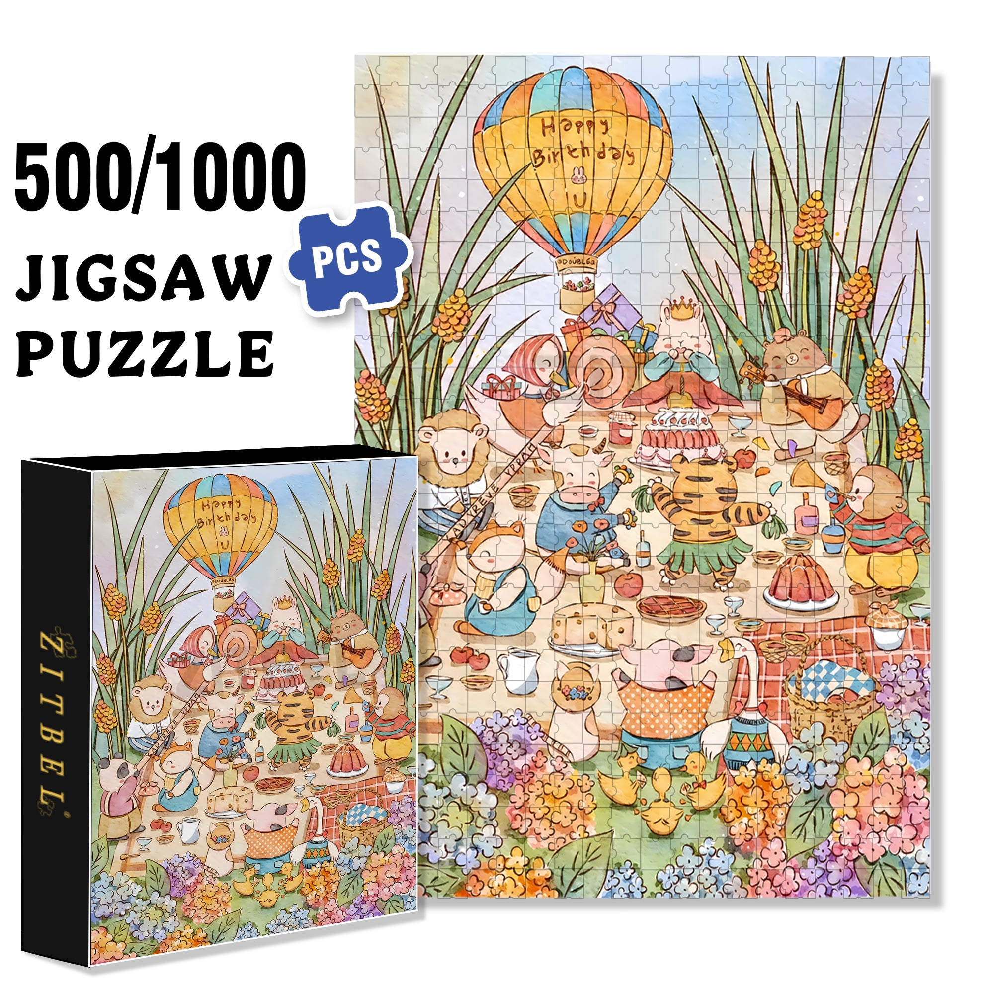 Rabbit's Birthday Party 500pcs/1000pcs Jigsaw Puzzle, Scratch-Resistant, Interactive Family Game & Brain-Boosting DIY Decor, Perfect for Halloween, Christmas & New Year Gifts, Family Puzzle Game
