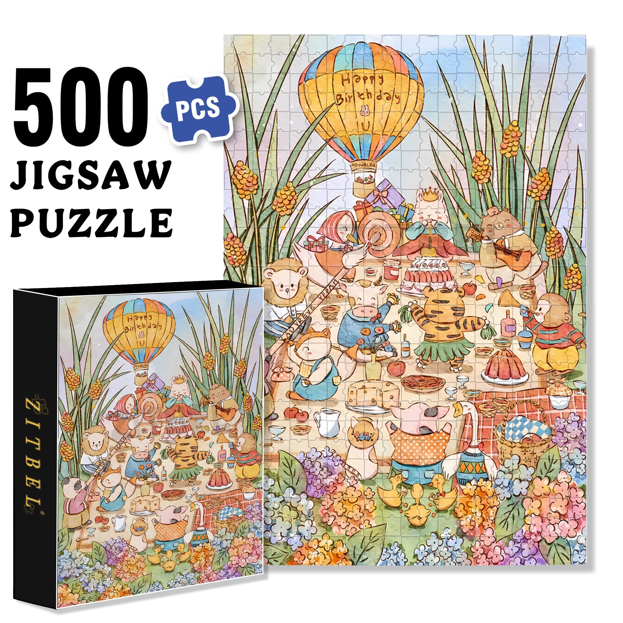 Rabbit's Birthday Party 500pcs/1000pcs Jigsaw Puzzle, Scratch-Resistant, Interactive Family Game & Brain-Boosting DIY Decor, Perfect for Halloween, Christmas & New Year Gifts, Family Puzzle Game