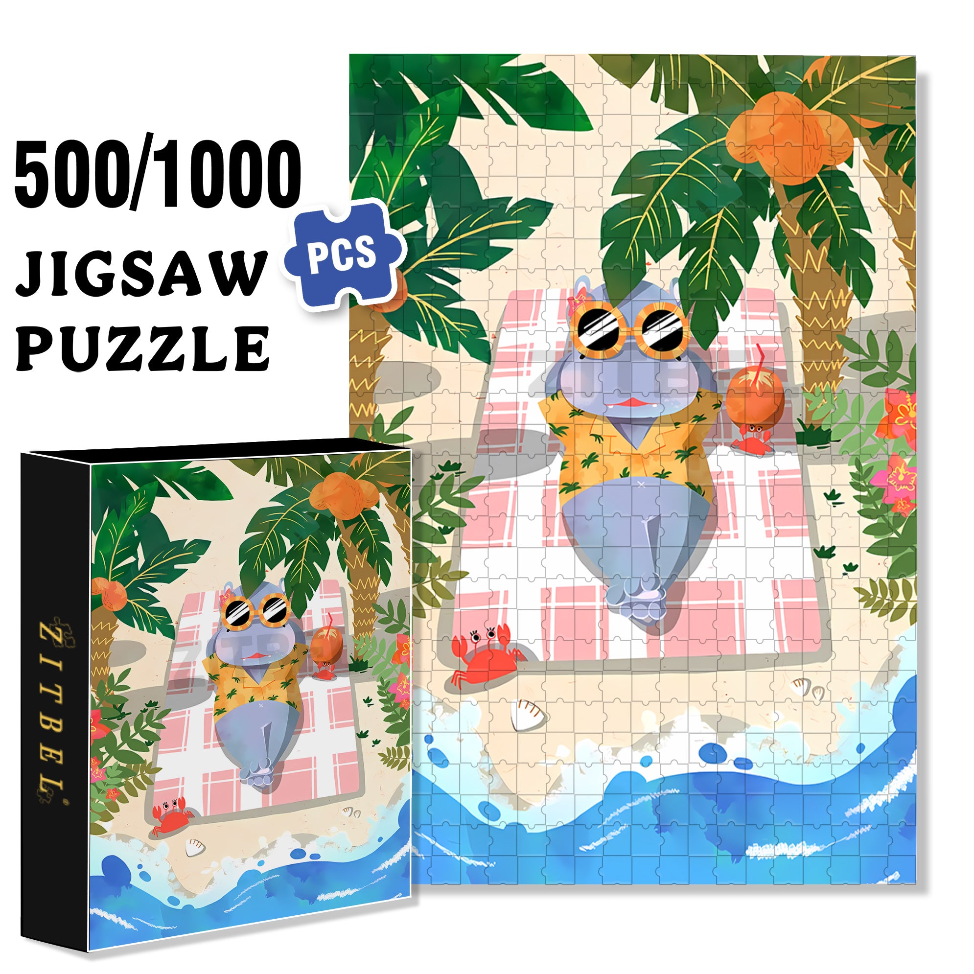 Summer Hippo 500pcs/1000pcs Jigsaw Puzzle, Scratch-Resistant, Interactive Family Game & Brain-Boosting DIY Decor, Perfect for Halloween, Christmas & New Year Gifts, Family Puzzle Game
