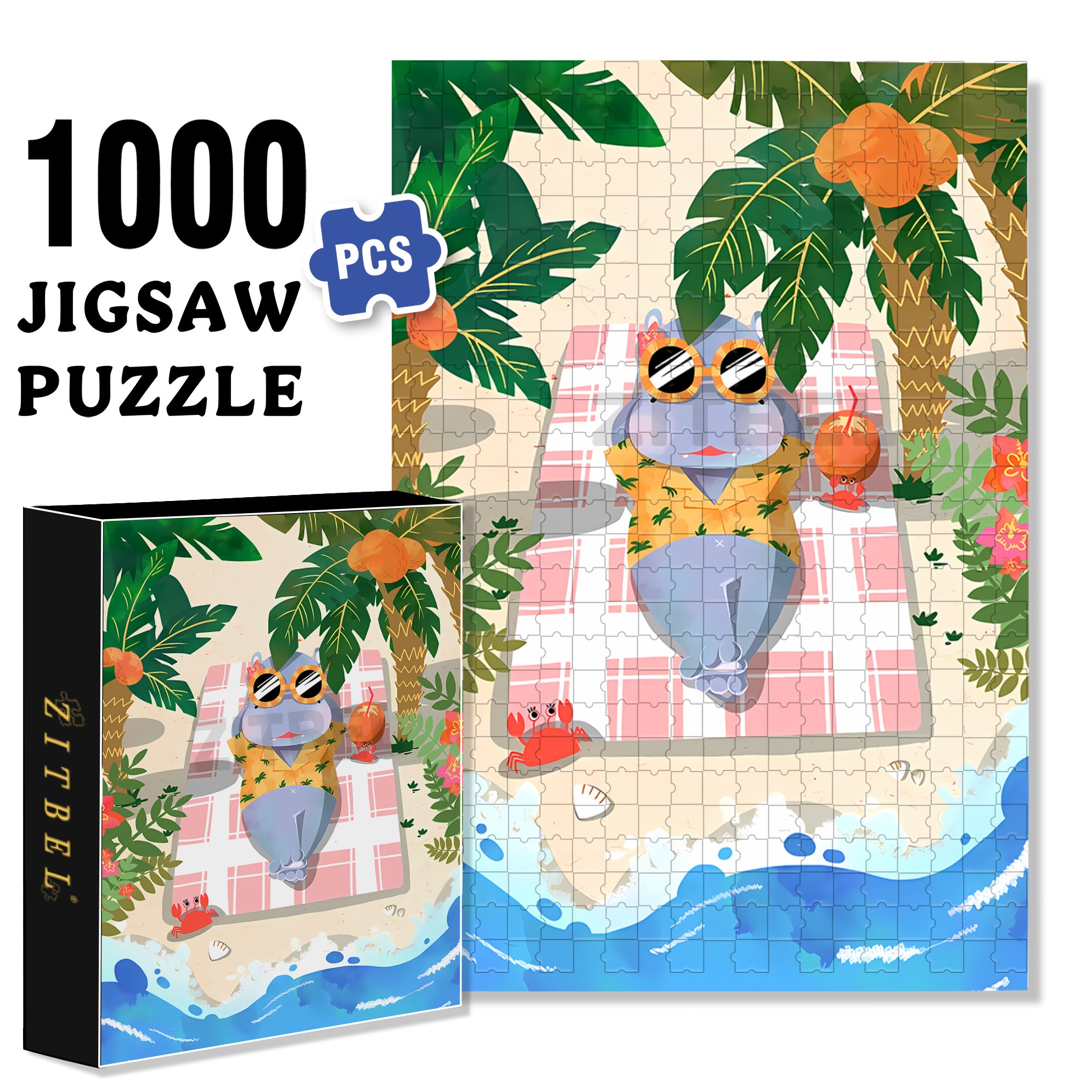 Summer Hippo 500pcs/1000pcs Jigsaw Puzzle, Scratch-Resistant, Interactive Family Game & Brain-Boosting DIY Decor, Perfect for Halloween, Christmas & New Year Gifts, Family Puzzle Game
