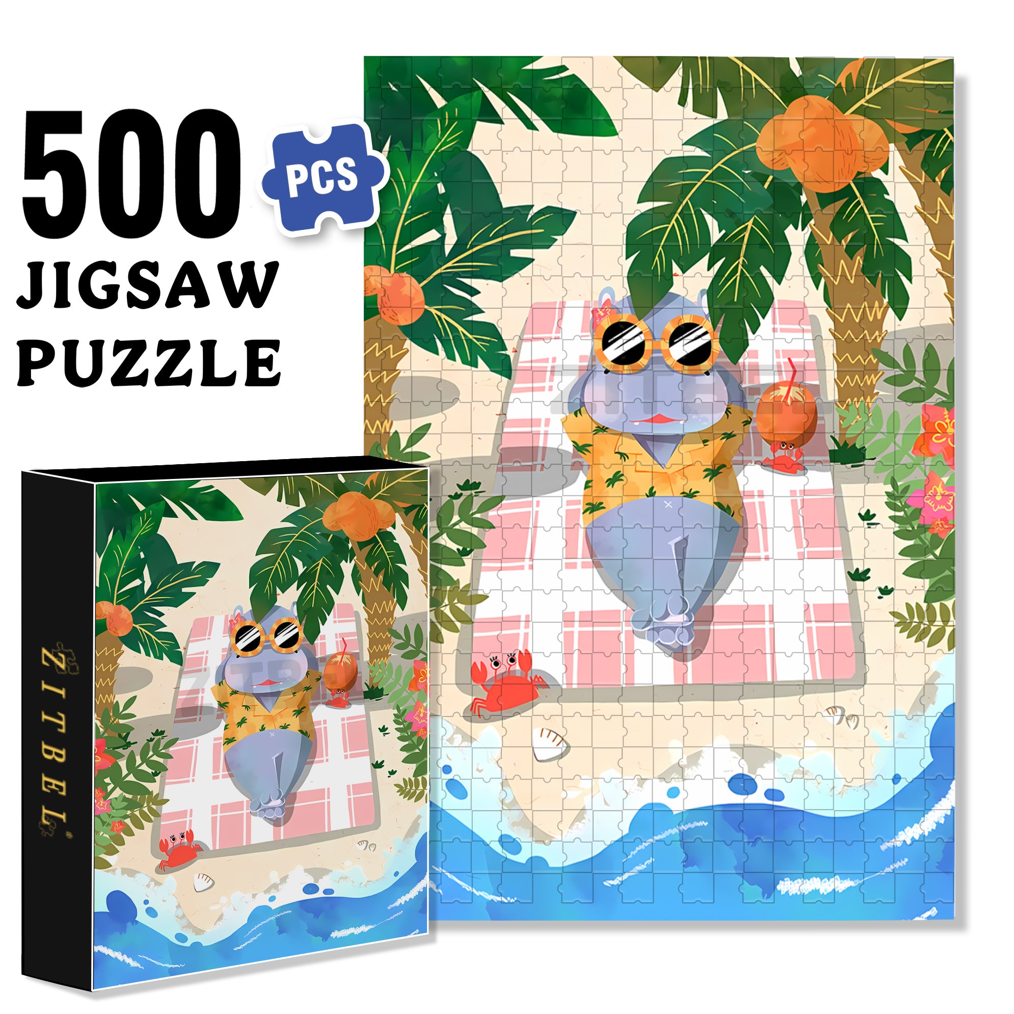 Summer Hippo 500pcs/1000pcs Jigsaw Puzzle, Scratch-Resistant, Interactive Family Game & Brain-Boosting DIY Decor, Perfect for Halloween, Christmas & New Year Gifts, Family Puzzle Game