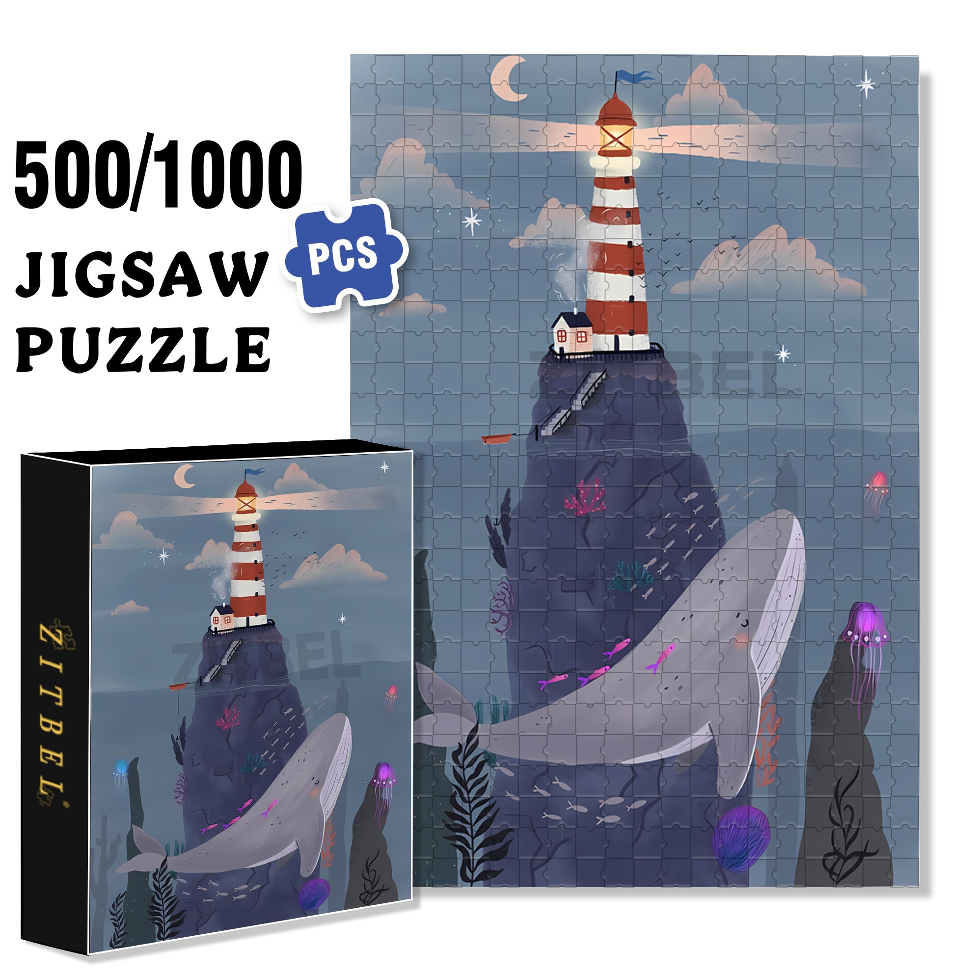 Whale and Lighthouse 500pcs/1000pcs Jigsaw Puzzle, Scratch-Resistant, Interactive Family Game & Brain-Boosting DIY Decor, Perfect for Halloween, Christmas & New Year Gifts, Family Puzzle Game