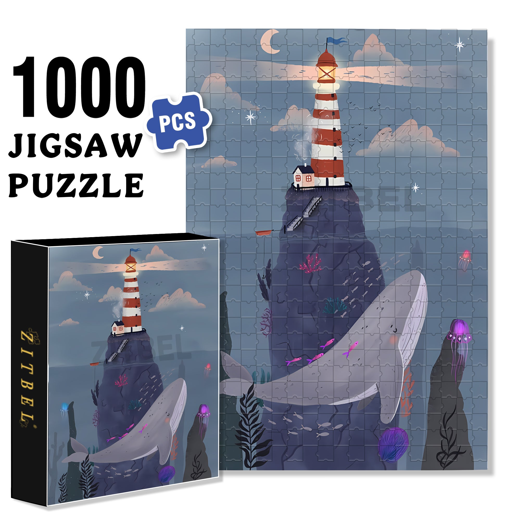 Whale and Lighthouse 500pcs/1000pcs Jigsaw Puzzle, Scratch-Resistant, Interactive Family Game & Brain-Boosting DIY Decor, Perfect for Halloween, Christmas & New Year Gifts, Family Puzzle Game