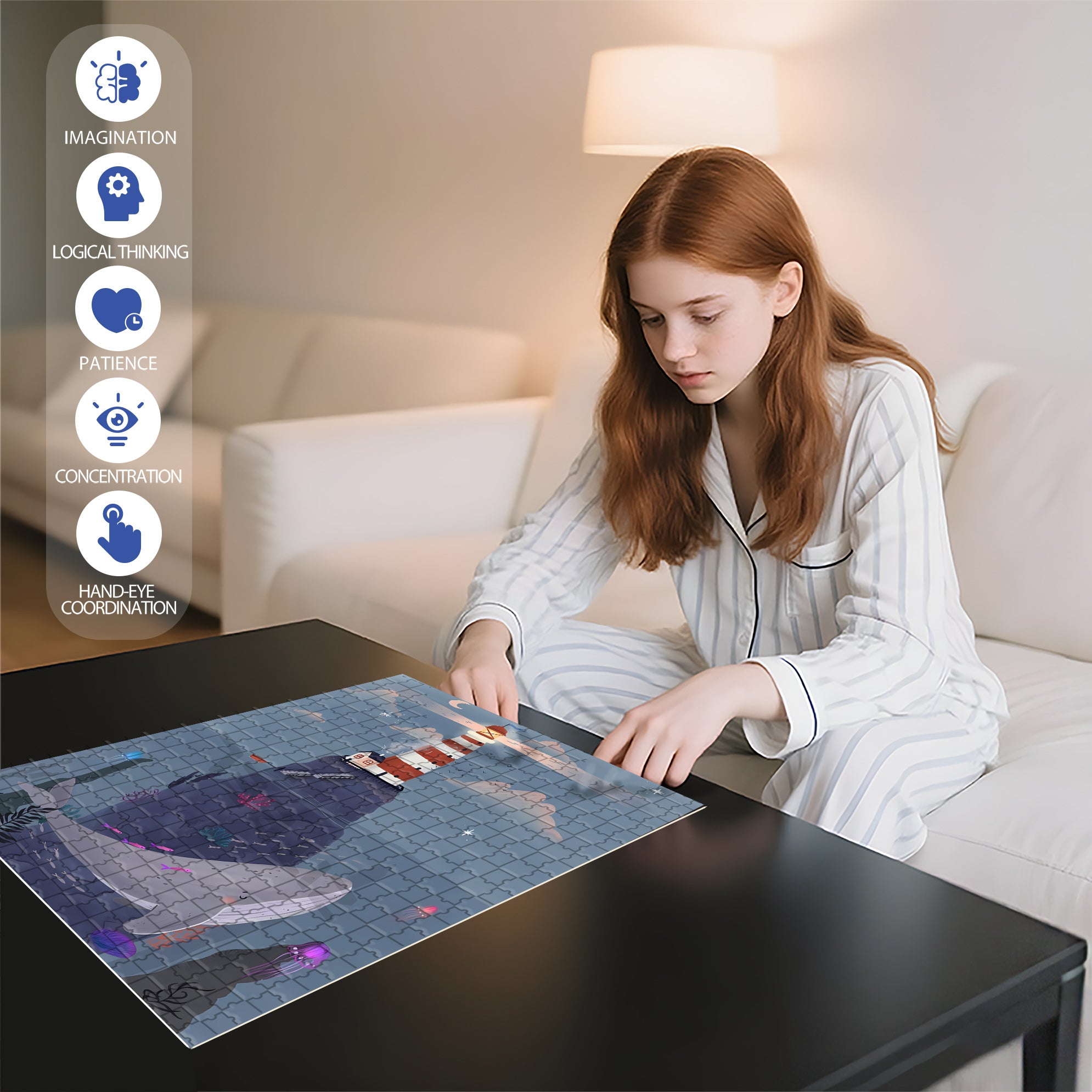 Whale and Lighthouse 500pcs/1000pcs Jigsaw Puzzle, Scratch-Resistant, Interactive Family Game & Brain-Boosting DIY Decor, Perfect for Halloween, Christmas & New Year Gifts, Family Puzzle Game