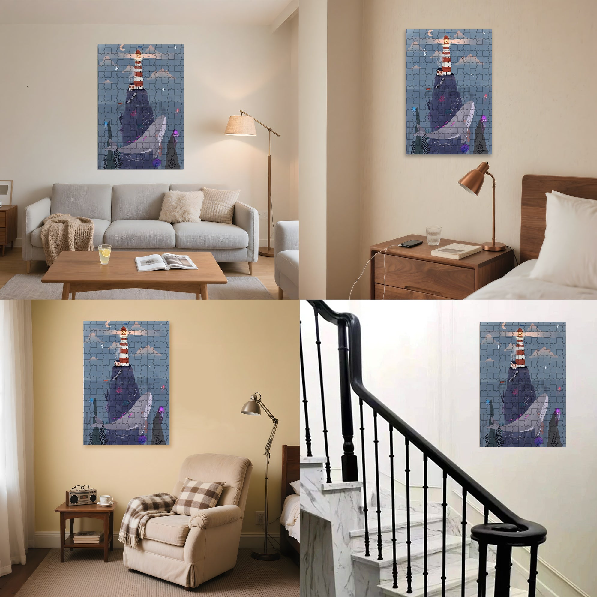 Whale and Lighthouse 500pcs/1000pcs Jigsaw Puzzle, Scratch-Resistant, Interactive Family Game & Brain-Boosting DIY Decor, Perfect for Halloween, Christmas & New Year Gifts, Family Puzzle Game