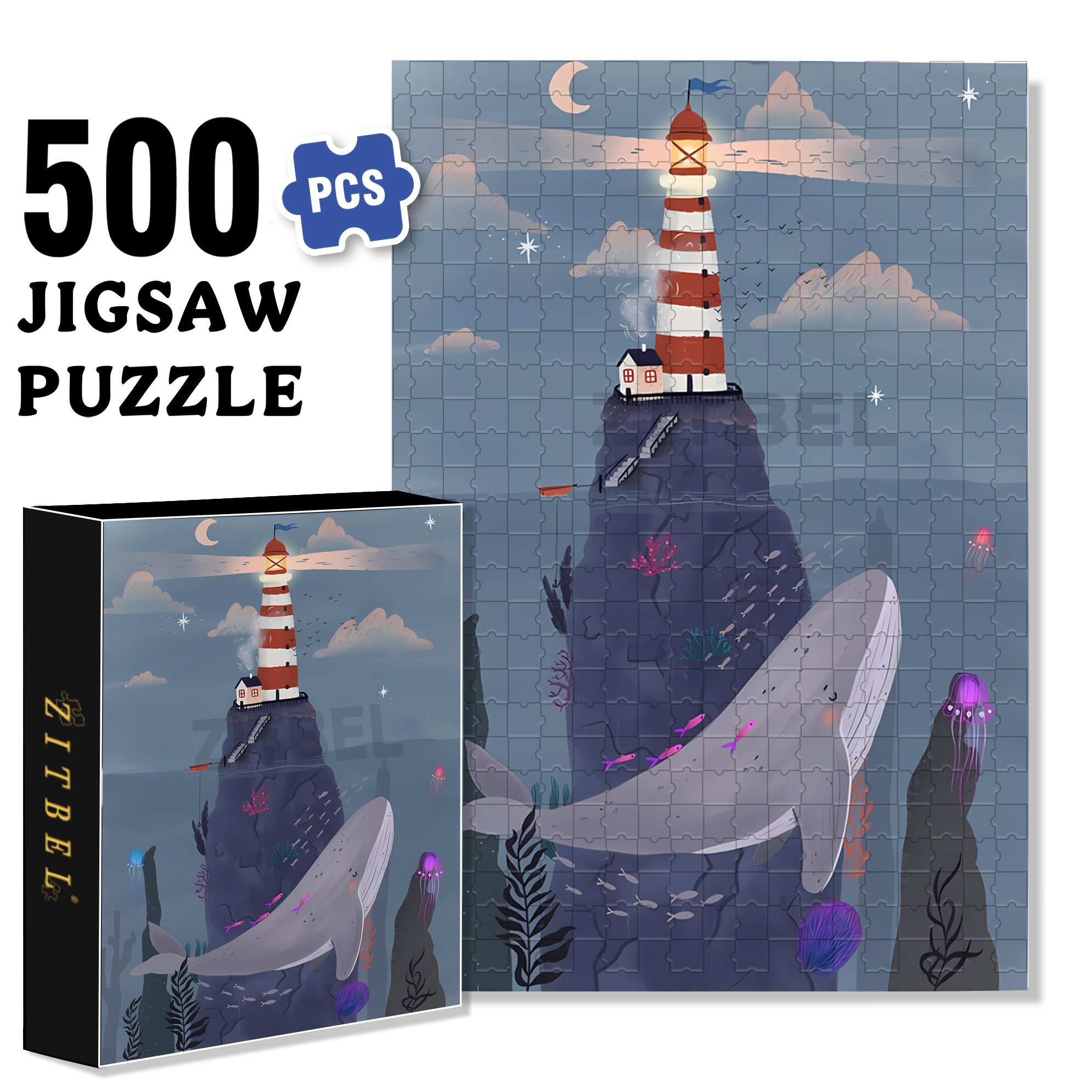 Whale and Lighthouse 500pcs/1000pcs Jigsaw Puzzle, Scratch-Resistant, Interactive Family Game & Brain-Boosting DIY Decor, Perfect for Halloween, Christmas & New Year Gifts, Family Puzzle Game