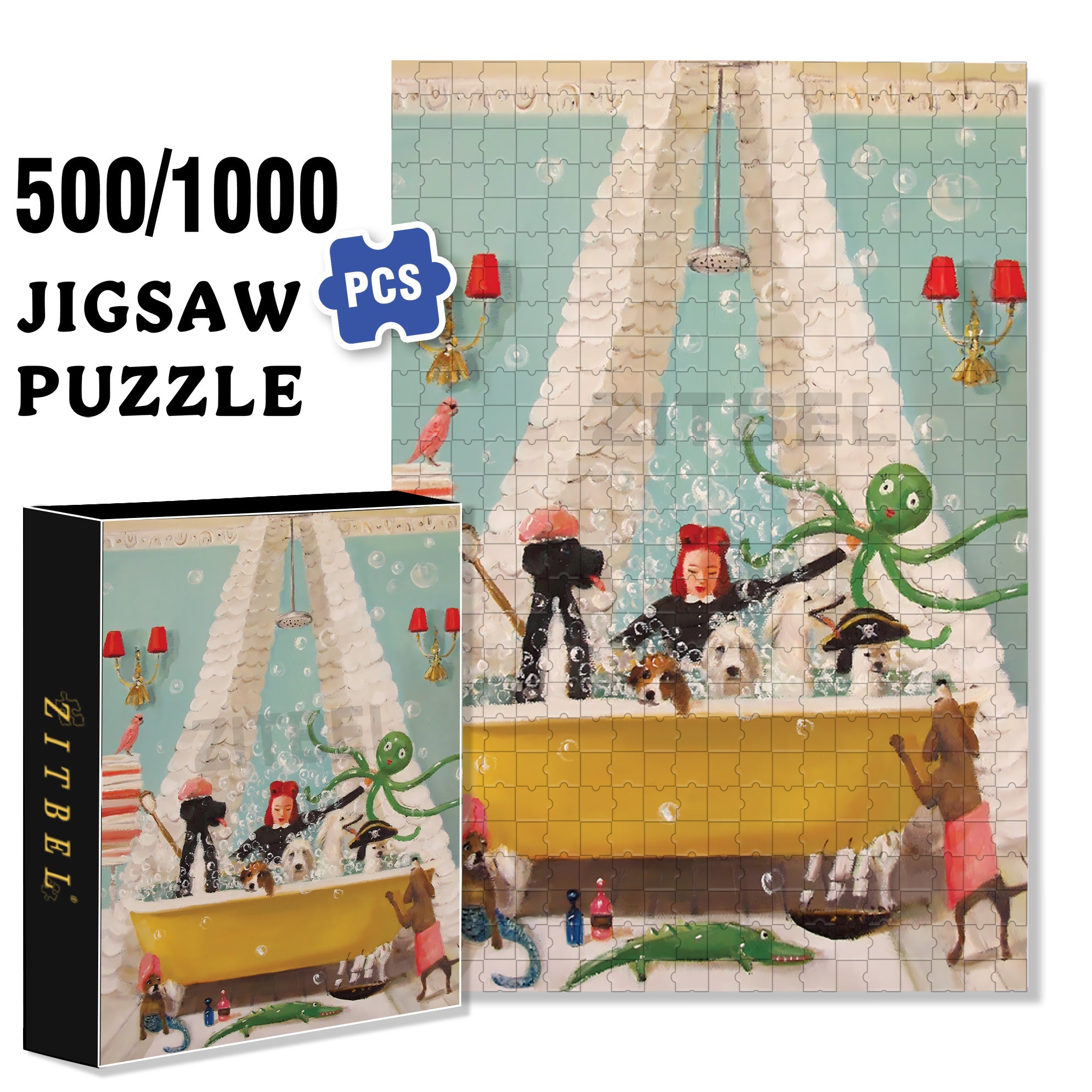 Doggie Bubble Bath 500pcs/1000pcs Jigsaw Puzzle, Scratch-Resistant, Interactive Family Game & Brain-Boosting DIY Decor, Perfect for Halloween, Christmas & New Year Gifts, Family Puzzle Game
