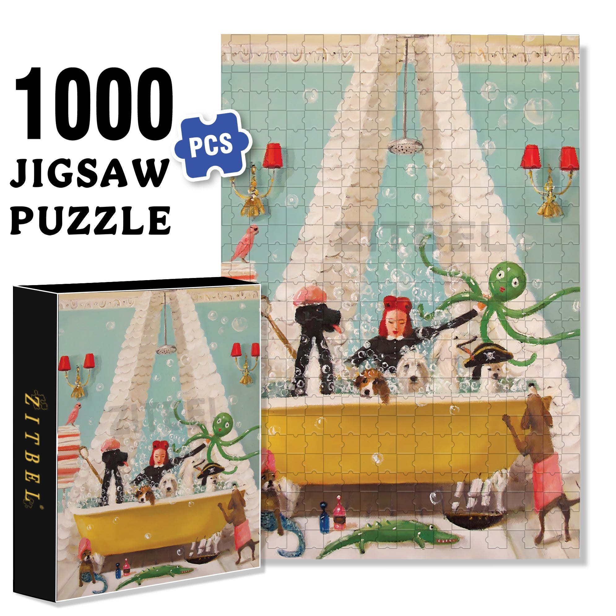Doggie Bubble Bath 500pcs/1000pcs Jigsaw Puzzle, Scratch-Resistant, Interactive Family Game & Brain-Boosting DIY Decor, Perfect for Halloween, Christmas & New Year Gifts, Family Puzzle Game