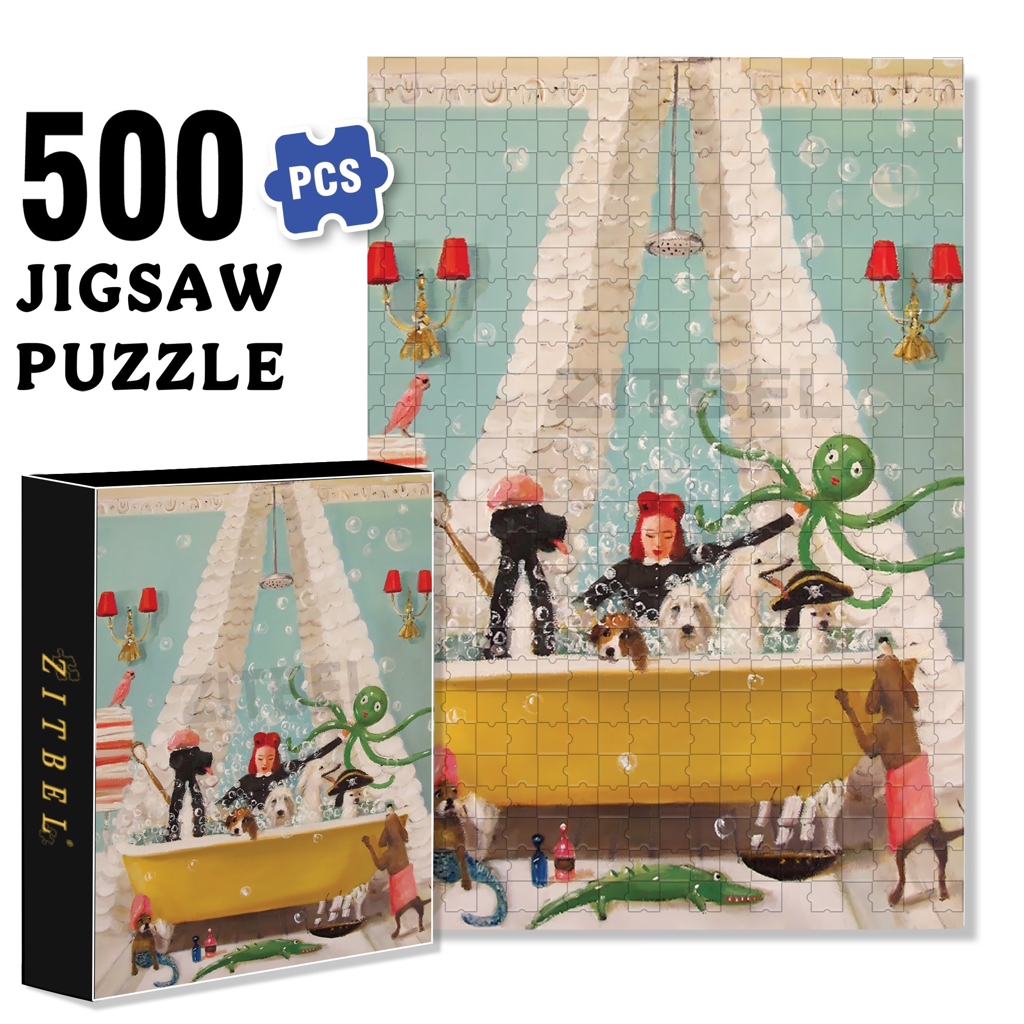 Doggie Bubble Bath 500pcs/1000pcs Jigsaw Puzzle, Scratch-Resistant, Interactive Family Game & Brain-Boosting DIY Decor, Perfect for Halloween, Christmas & New Year Gifts, Family Puzzle Game