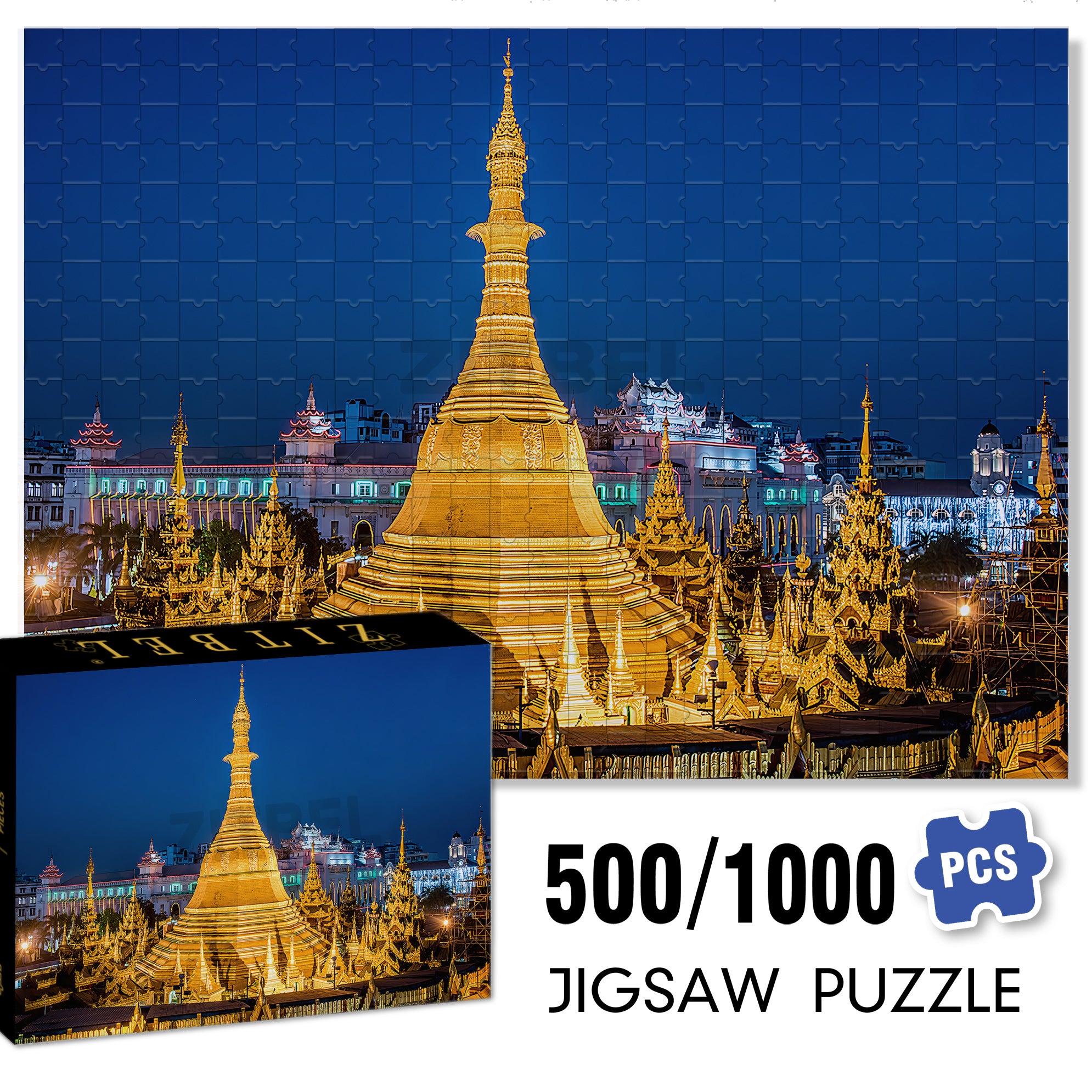 Shwedagon Pagoda in Yangon 500pcs/1000pcs Jigsaw Puzzle, Scratch-Resistant, Interactive Family Game & Brain-Boosting DIY Decor, Perfect for Halloween, Christmas & New Year Gifts, Family Puzzle Game