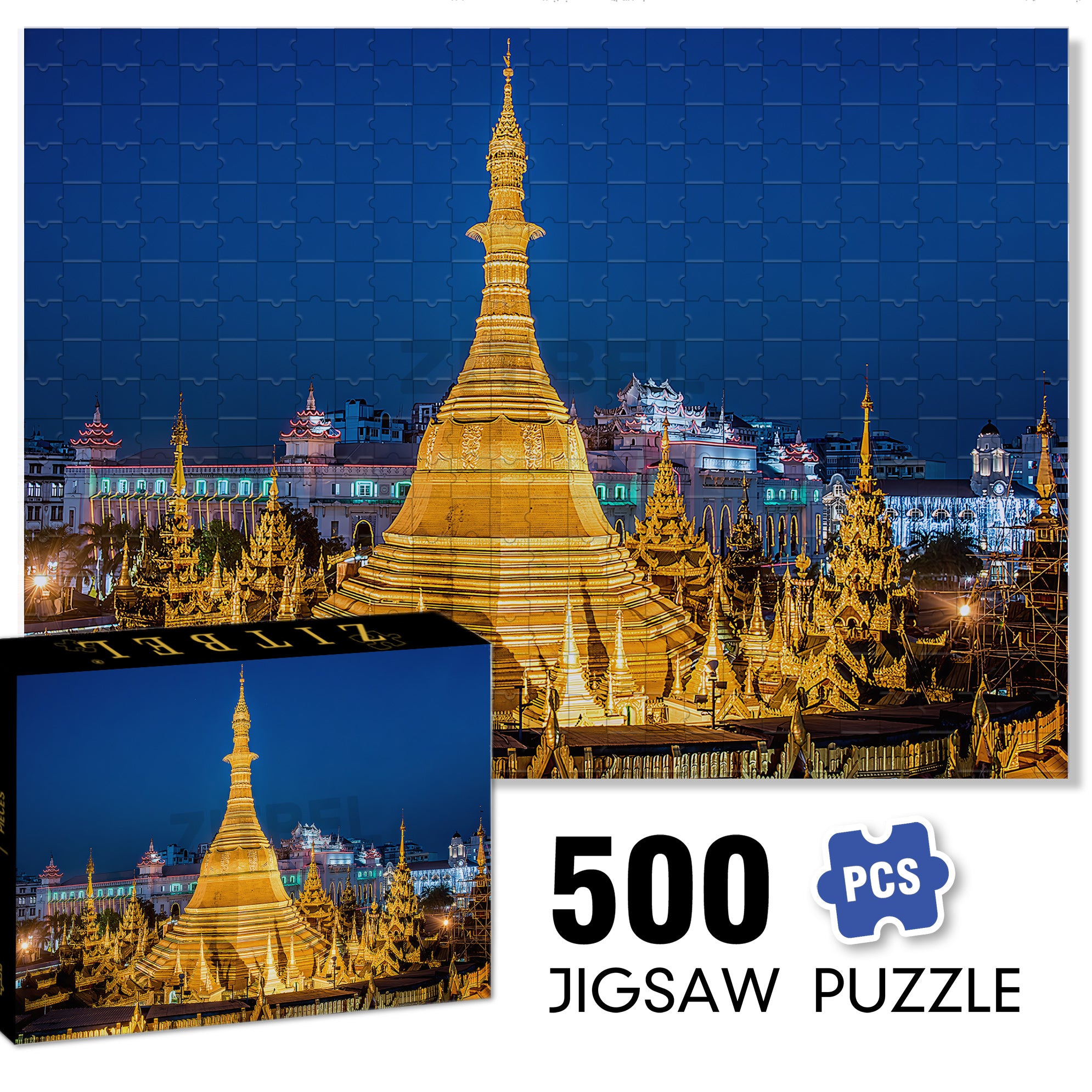 Shwedagon Pagoda in Yangon 500pcs/1000pcs Jigsaw Puzzle, Scratch-Resistant, Interactive Family Game & Brain-Boosting DIY Decor, Perfect for Halloween, Christmas & New Year Gifts, Family Puzzle Game