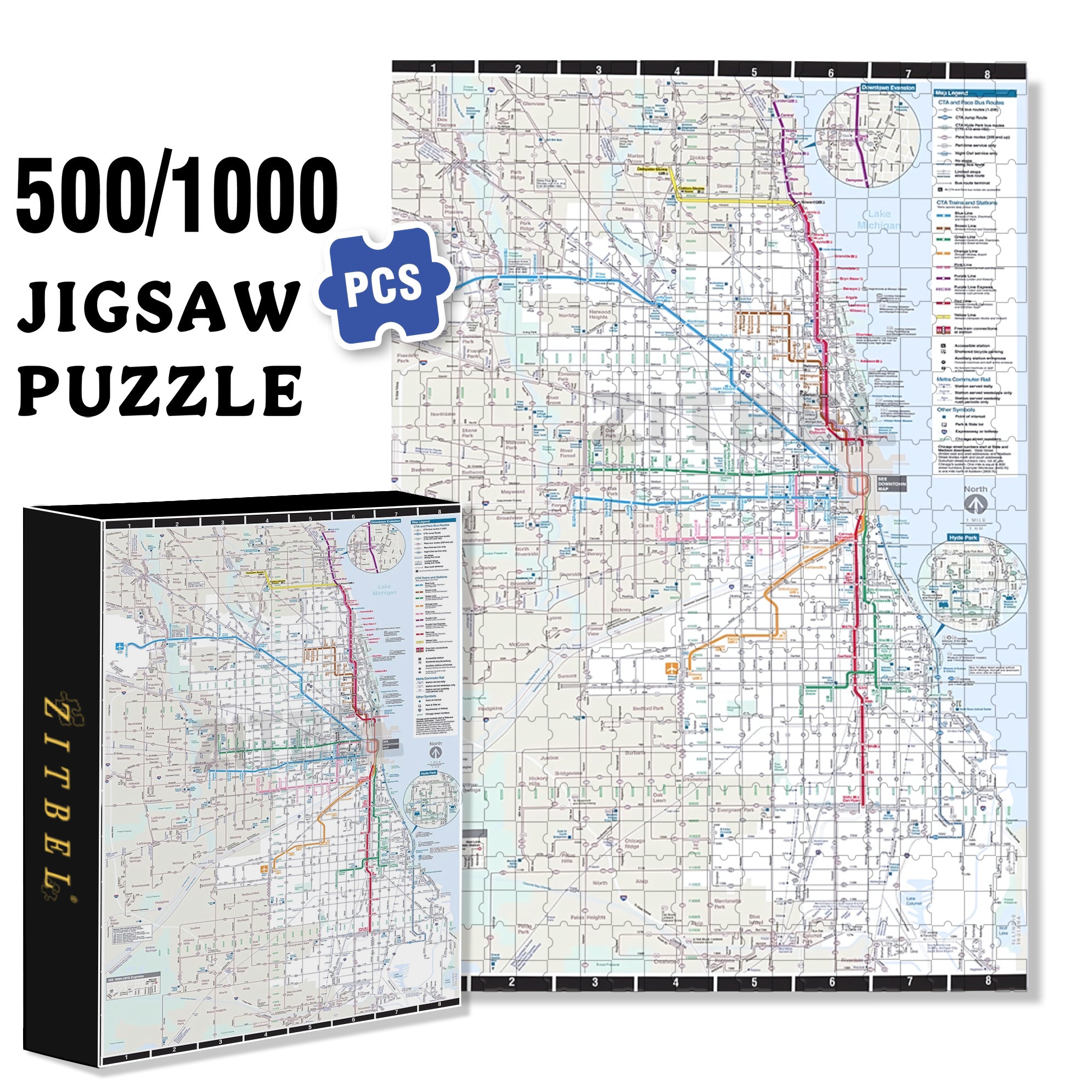 Chicago Transit Map 500pcs/1000pcs Jigsaw Puzzle, Scratch-Resistant, Interactive Family Game & Brain-Boosting DIY Decor, Perfect for Halloween, Christmas & New Year Gifts, Family Puzzle Game