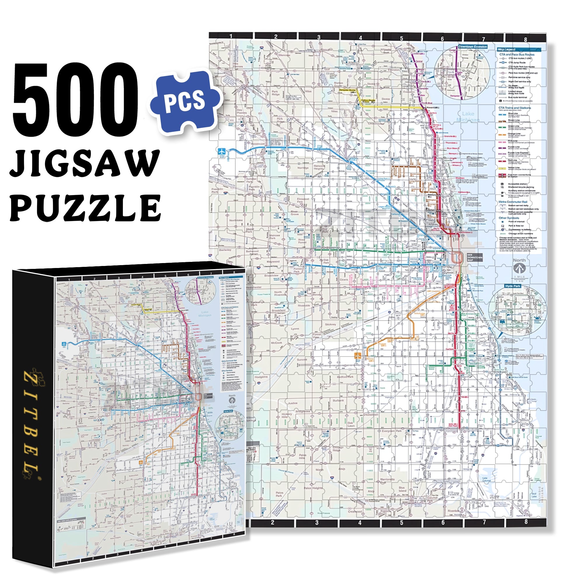Chicago Transit Map 500pcs/1000pcs Jigsaw Puzzle, Scratch-Resistant, Interactive Family Game & Brain-Boosting DIY Decor, Perfect for Halloween, Christmas & New Year Gifts, Family Puzzle Game
