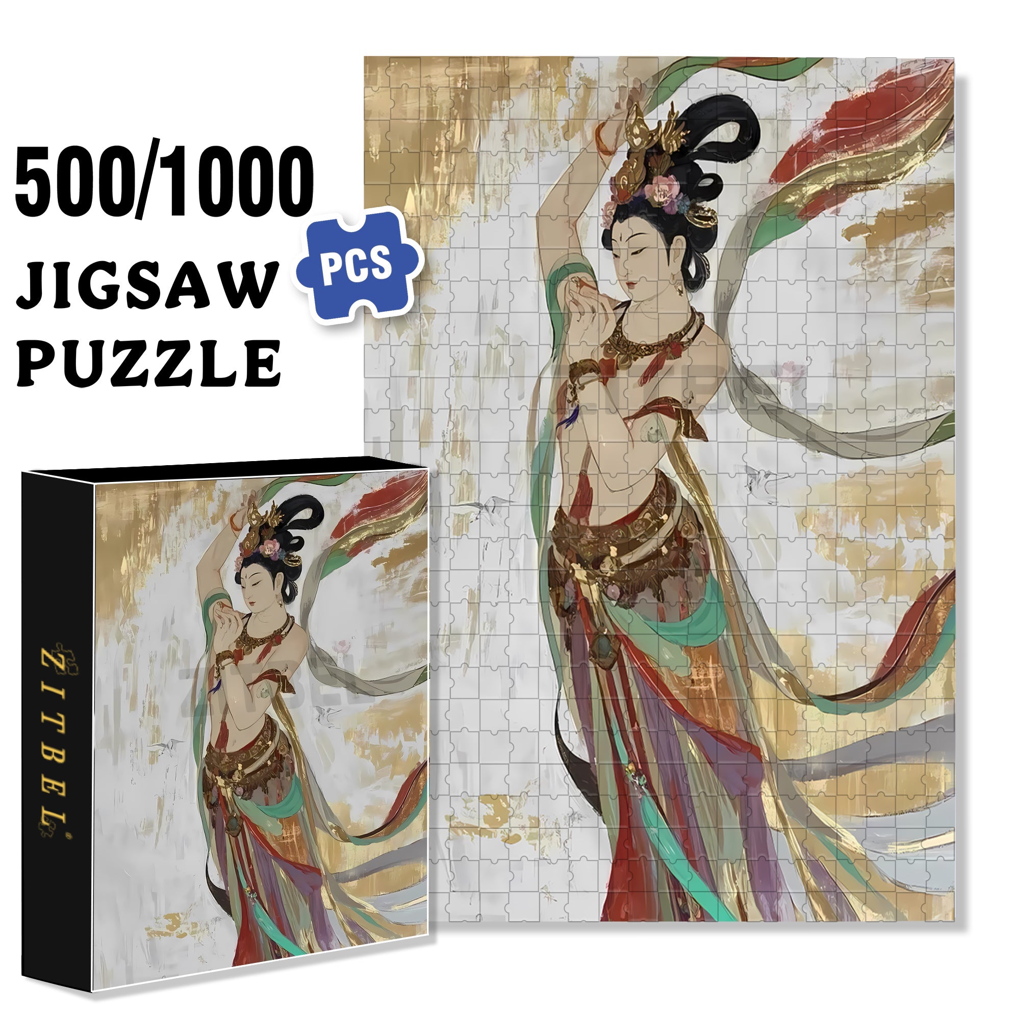 Dunhuang Murals 500pcs/1000pcs Jigsaw Puzzle, Scratch-Resistant, Interactive Family Game & Brain-Boosting DIY Decor, Perfect for Halloween, Christmas & New Year Gifts, Family Puzzle Game