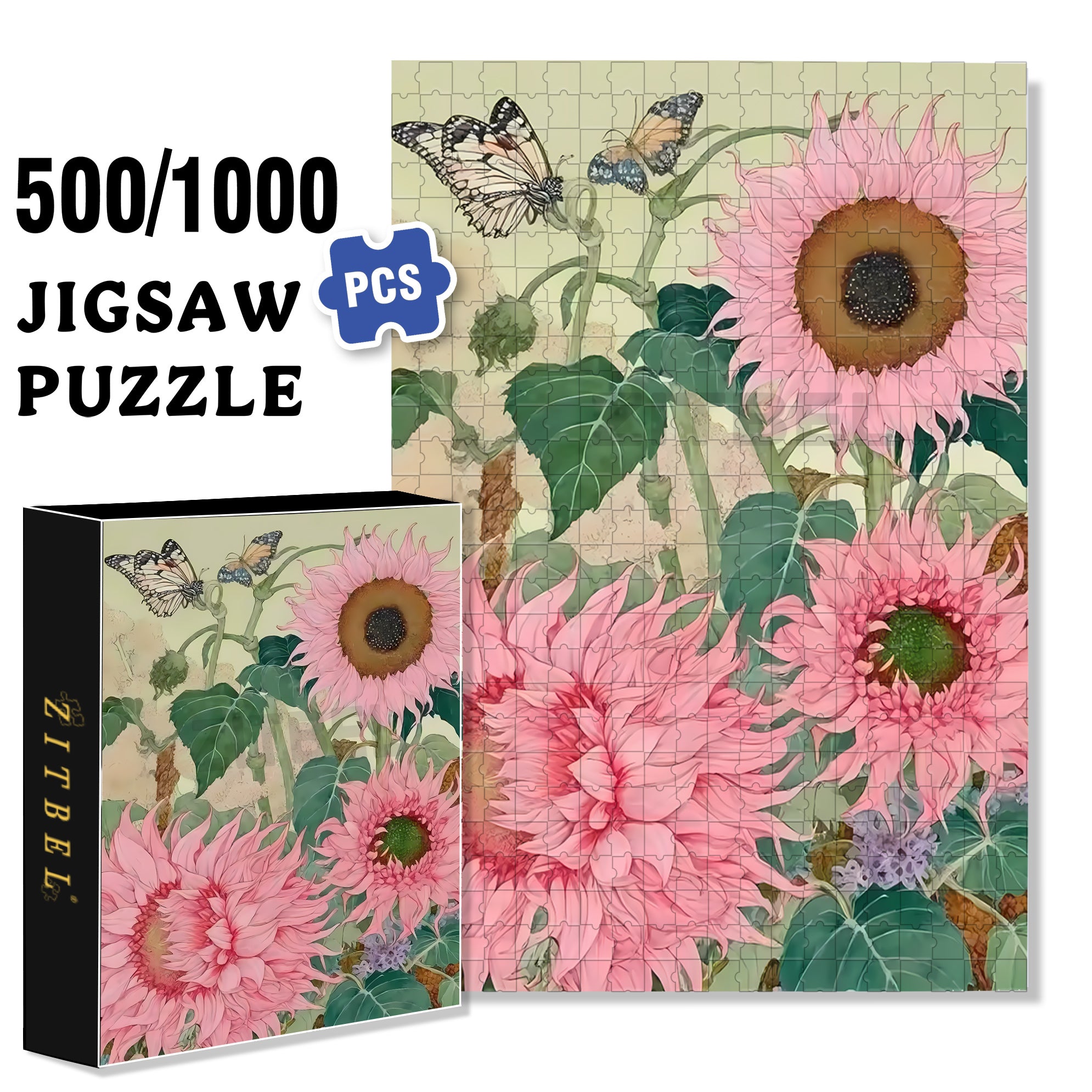 Pink Sunflower 500pcs/1000pcs Jigsaw Puzzle, Scratch-Resistant, Interactive Family Game & Brain-Boosting DIY Decor, Perfect for Halloween, Christmas & New Year Gifts, Family Puzzle Game