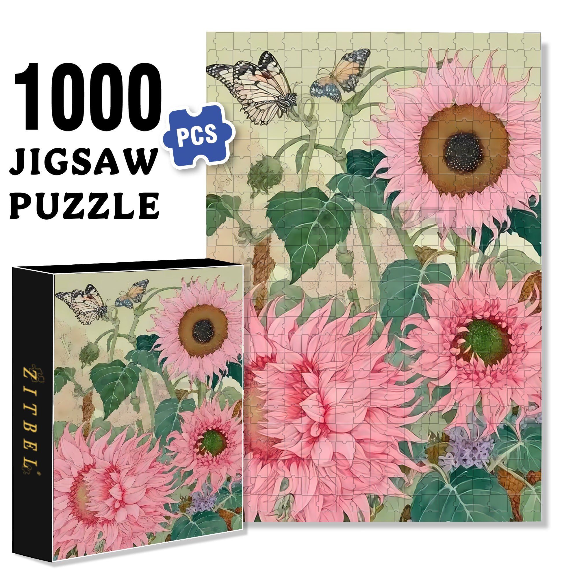 Pink Sunflower 500pcs/1000pcs Jigsaw Puzzle, Scratch-Resistant, Interactive Family Game & Brain-Boosting DIY Decor, Perfect for Halloween, Christmas & New Year Gifts, Family Puzzle Game