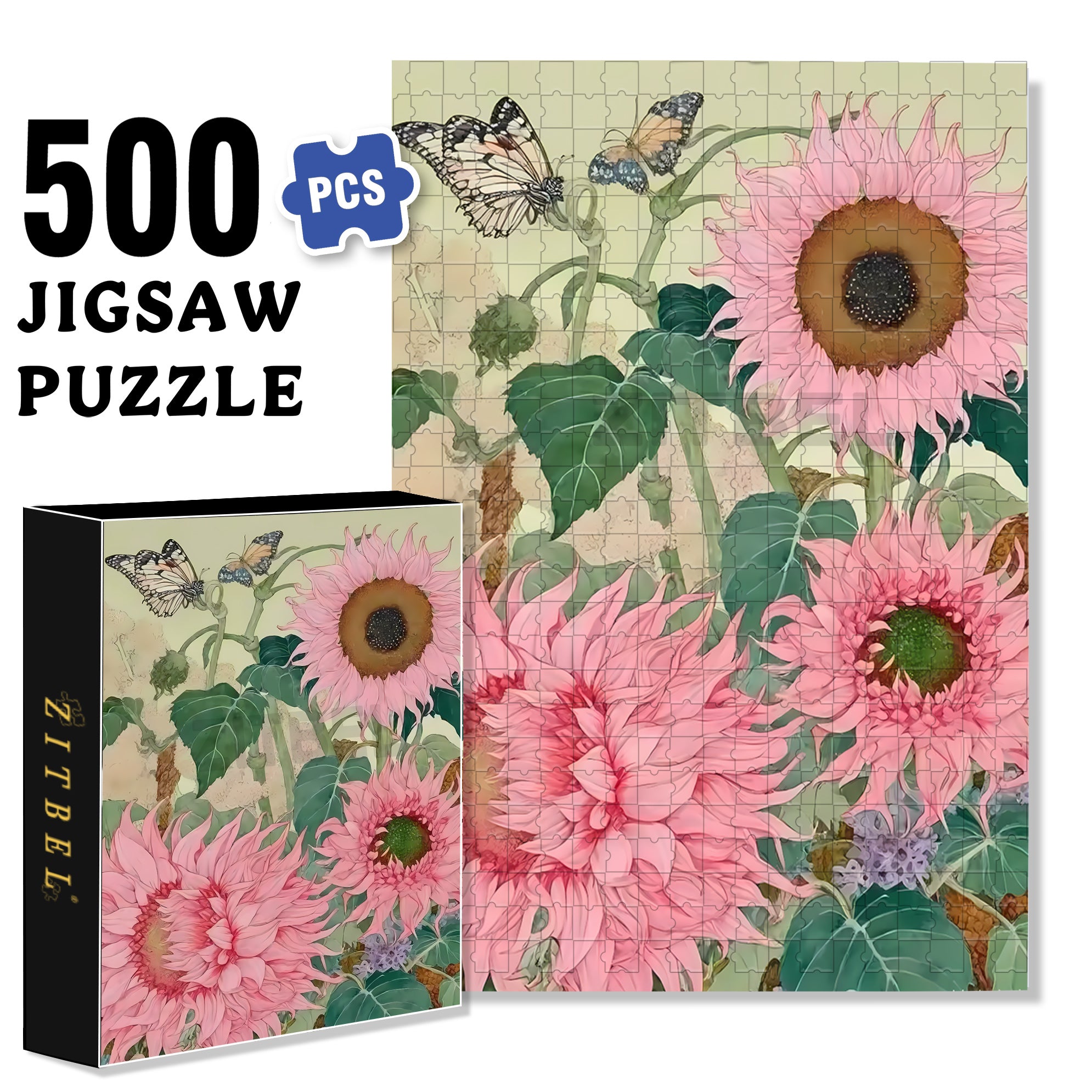 Pink Sunflower 500pcs/1000pcs Jigsaw Puzzle, Scratch-Resistant, Interactive Family Game & Brain-Boosting DIY Decor, Perfect for Halloween, Christmas & New Year Gifts, Family Puzzle Game