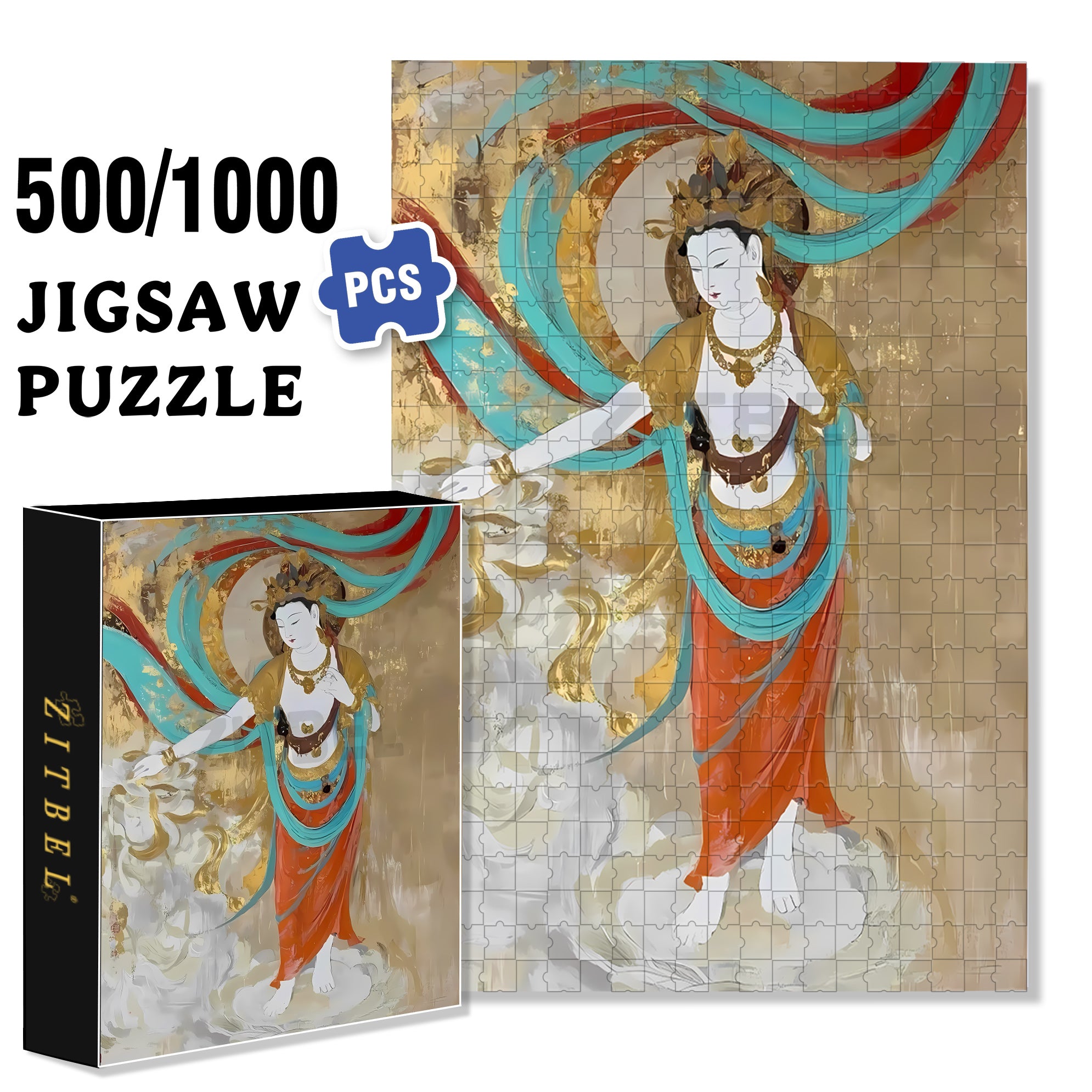 Dunhuang Murals 2 500pcs/1000pcs Jigsaw Puzzle, Scratch-Resistant, Interactive Family Game & Brain-Boosting DIY Decor, Perfect for Halloween, Christmas & New Year Gifts, Family Puzzle Game