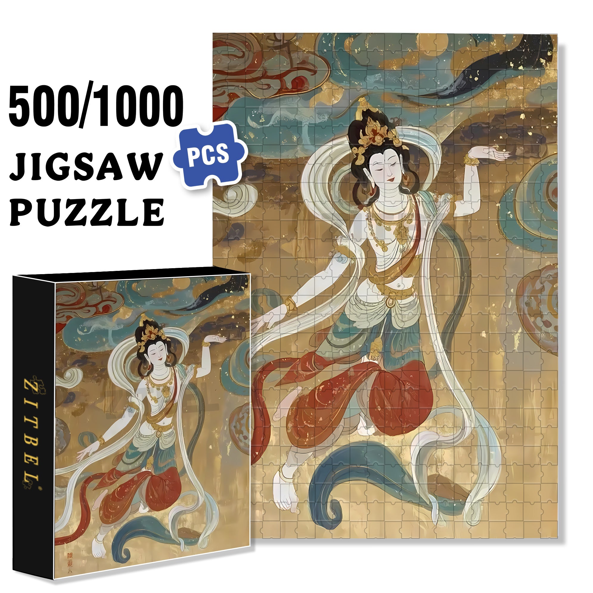 Dunhuang Murals 3 500pcs/1000pcs Jigsaw Puzzle, Scratch-Resistant, Interactive Family Game & Brain-Boosting DIY Decor, Perfect for Halloween, Christmas & New Year Gifts, Family Puzzle Game