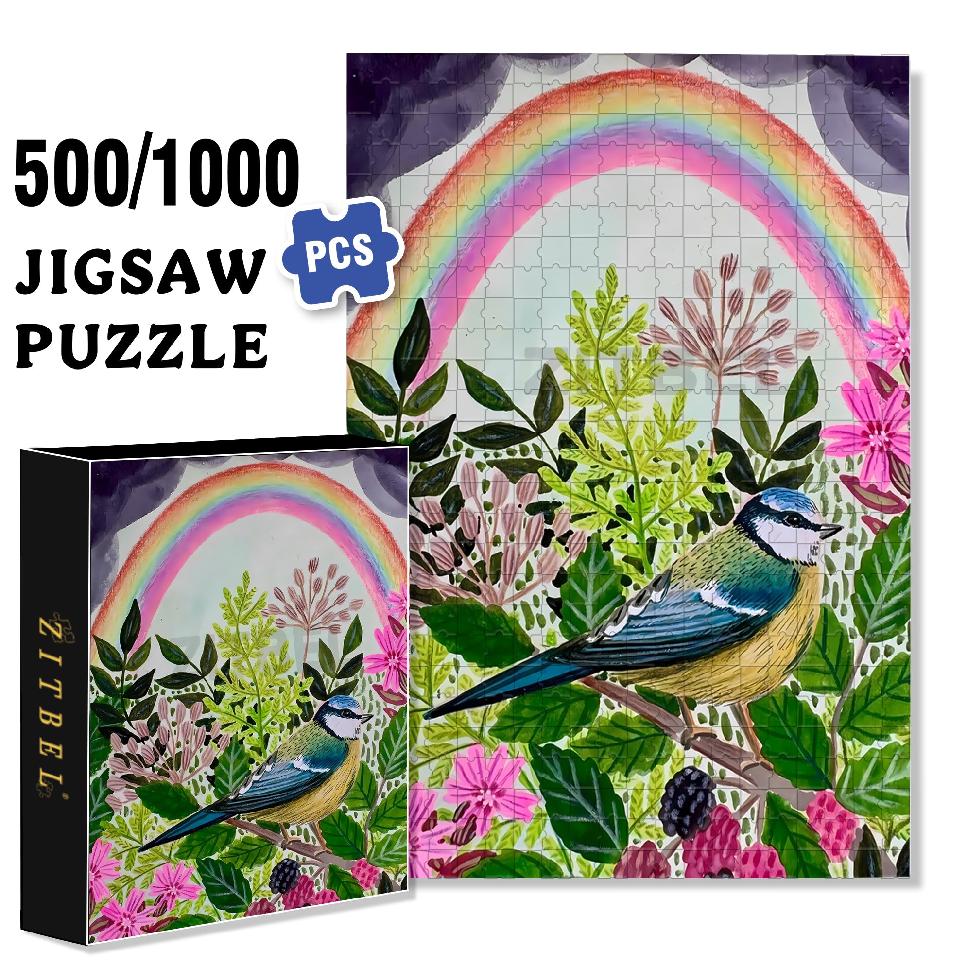 Rainbow And Bird 500pcs/1000pcs Jigsaw Puzzle, Scratch-Resistant, Interactive Family Game & Brain-Boosting DIY Decor, Perfect for Halloween, Christmas & New Year Gifts, Family Puzzle Game