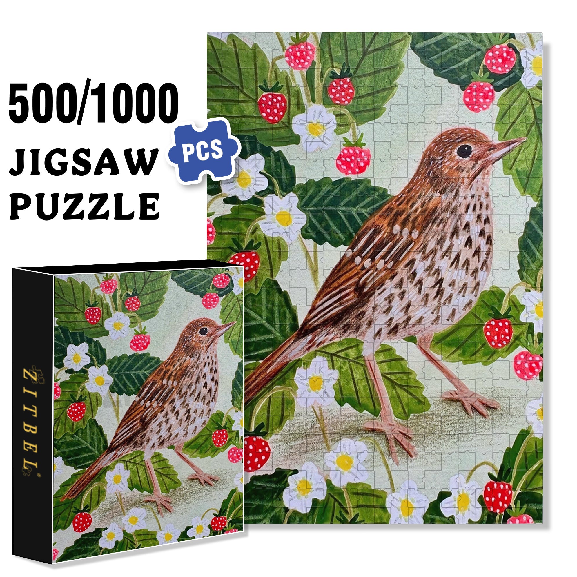 Strawberries And Birds 500pcs/1000pcs Jigsaw Puzzle, Scratch-Resistant, Interactive Family Game & Brain-Boosting DIY Decor, Perfect for Halloween, Christmas & New Year Gifts, Family Puzzle Game