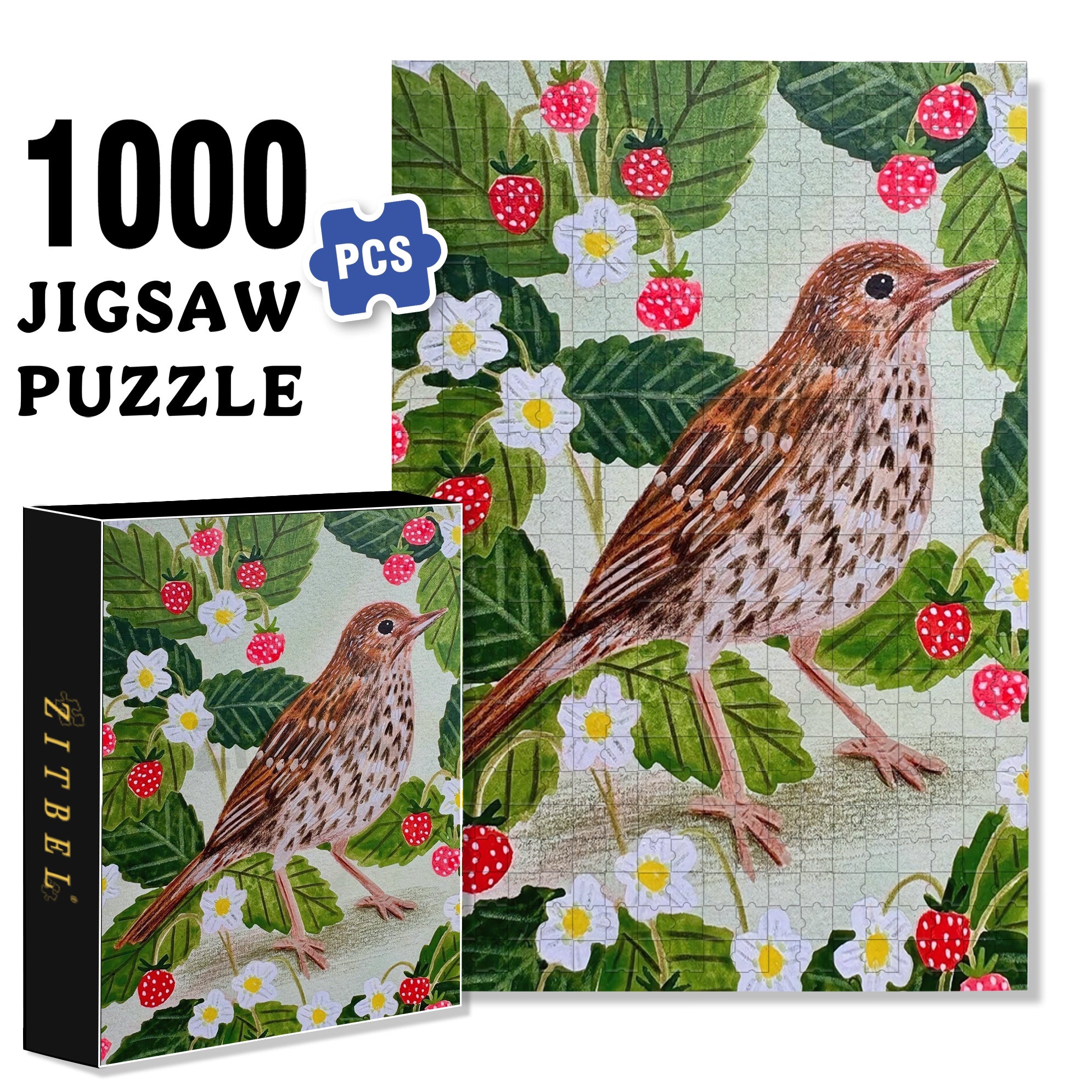 Strawberries And Birds 500pcs/1000pcs Jigsaw Puzzle, Scratch-Resistant, Interactive Family Game & Brain-Boosting DIY Decor, Perfect for Halloween, Christmas & New Year Gifts, Family Puzzle Game