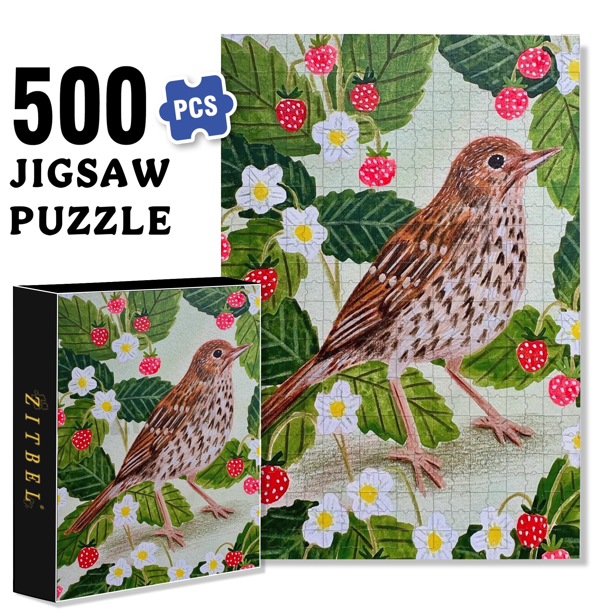 Strawberries And Birds 500pcs/1000pcs Jigsaw Puzzle, Scratch-Resistant, Interactive Family Game & Brain-Boosting DIY Decor, Perfect for Halloween, Christmas & New Year Gifts, Family Puzzle Game