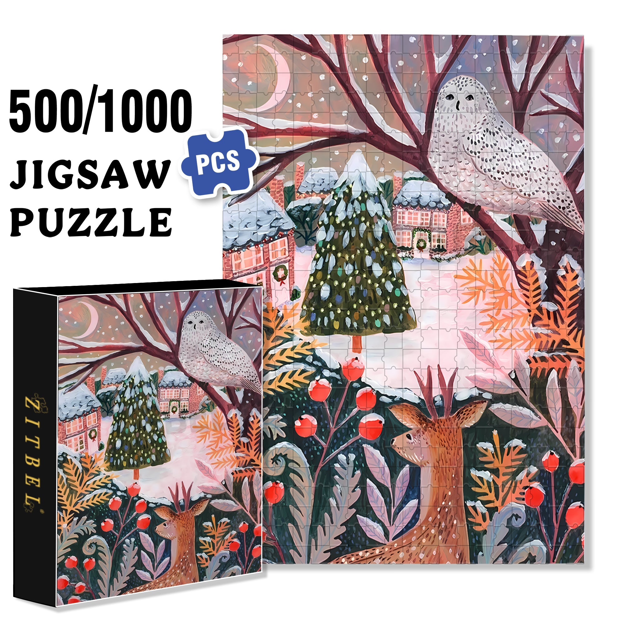 White Owl And Sika Deer 500pcs/1000pcs Jigsaw Puzzle, Scratch-Resistant, Interactive Family Game & Brain-Boosting DIY Decor, Perfect for Halloween, Christmas & New Year Gifts, Family Puzzle Game