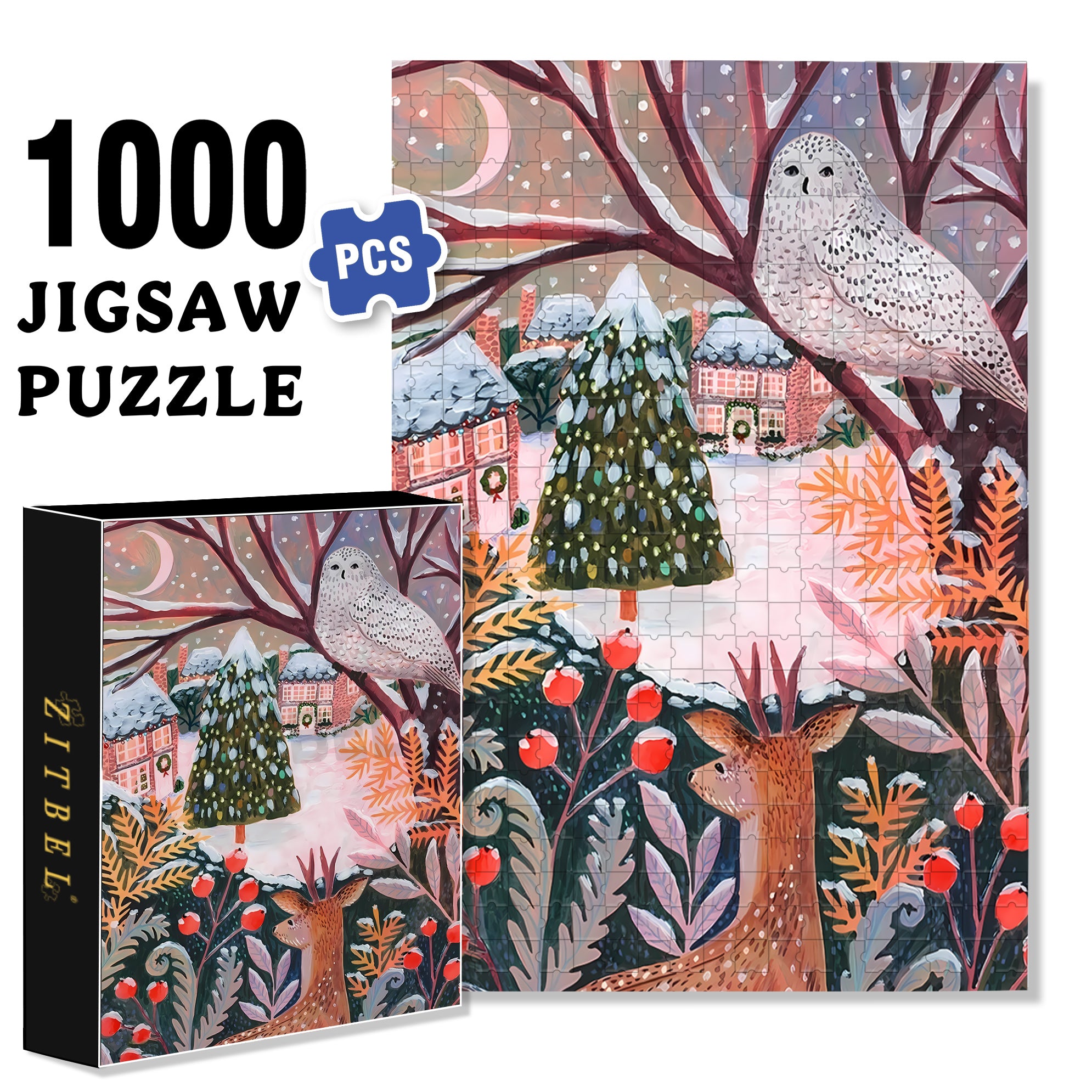 White Owl And Sika Deer 500pcs/1000pcs Jigsaw Puzzle, Scratch-Resistant, Interactive Family Game & Brain-Boosting DIY Decor, Perfect for Halloween, Christmas & New Year Gifts, Family Puzzle Game