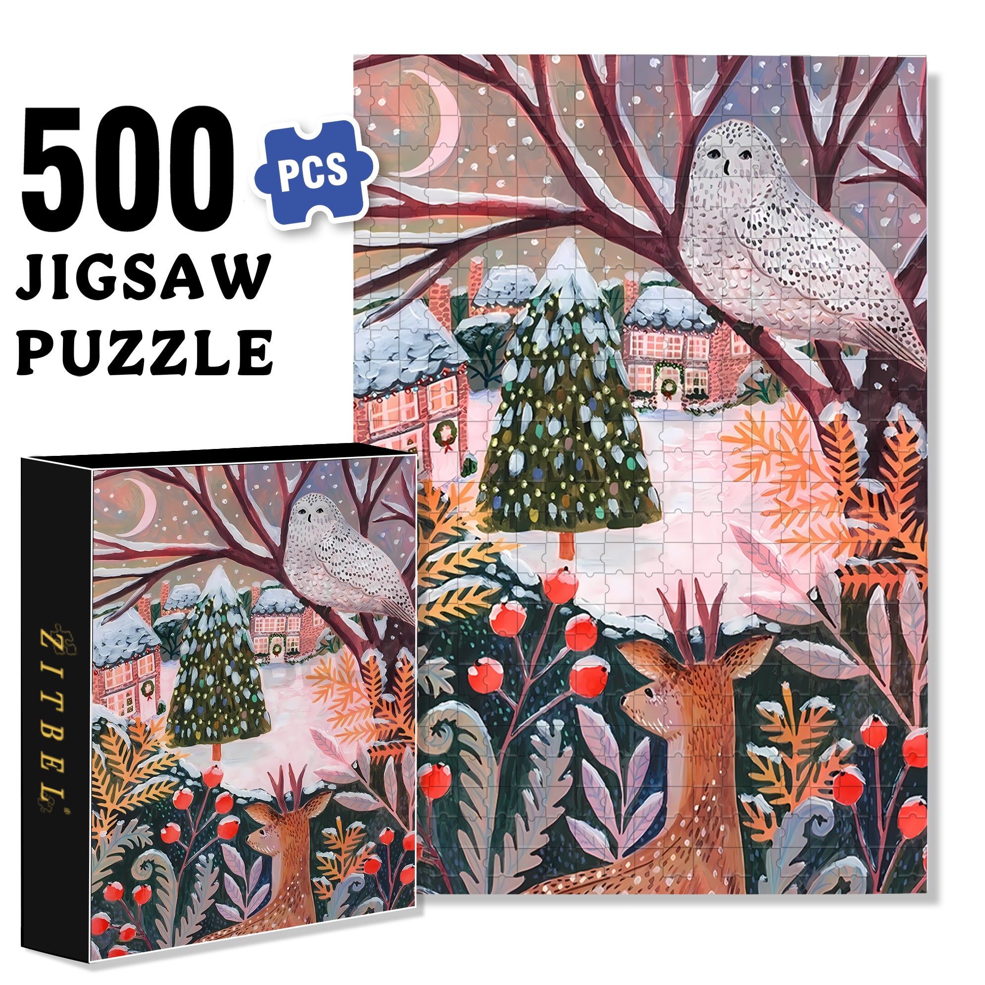 White Owl And Sika Deer 500pcs/1000pcs Jigsaw Puzzle, Scratch-Resistant, Interactive Family Game & Brain-Boosting DIY Decor, Perfect for Halloween, Christmas & New Year Gifts, Family Puzzle Game